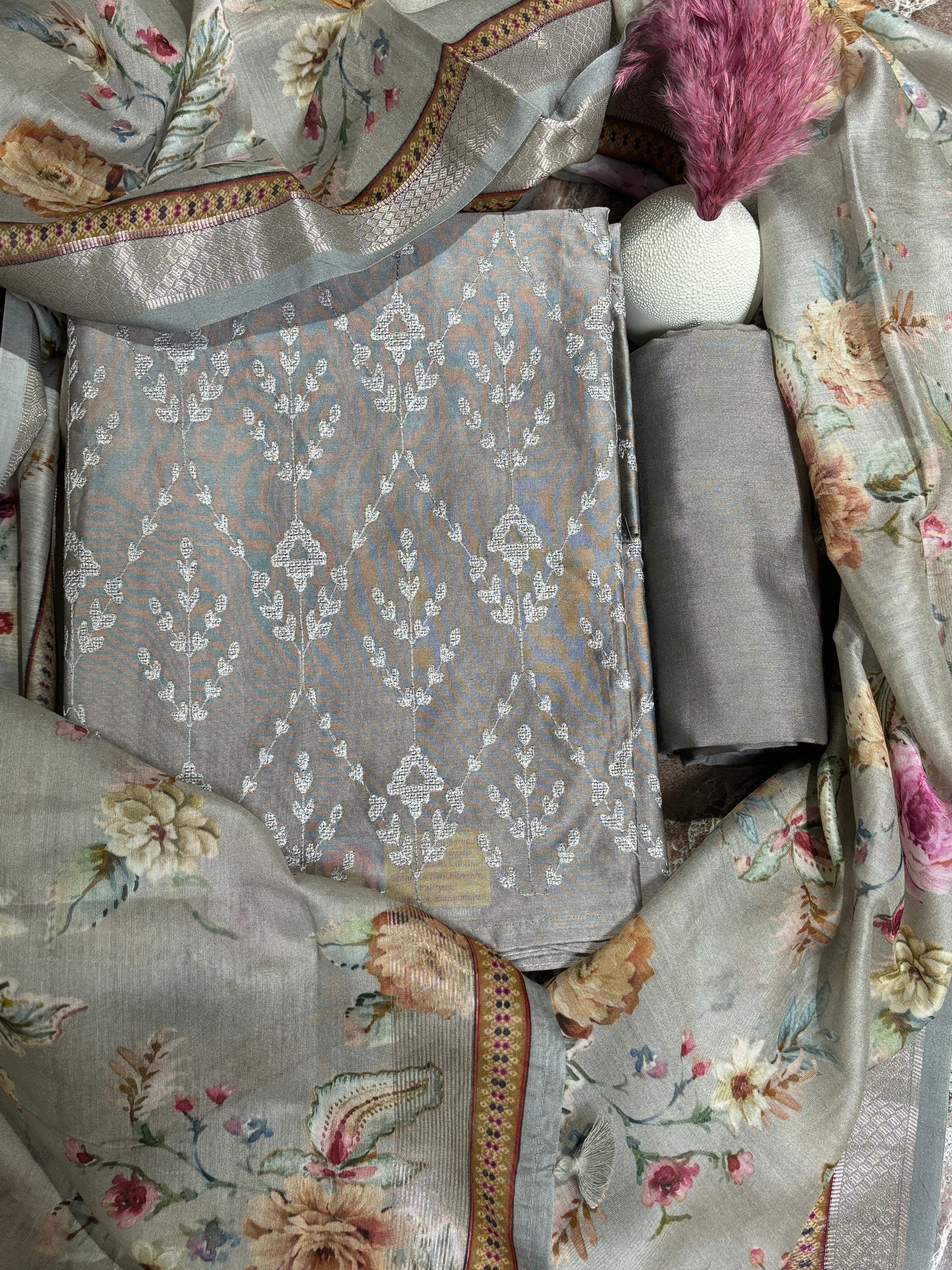 Pure Cotton All-Over Embroidery Jaal Suit Material with Matching Digital Printed Dupatta – Metallic Grey / Wine