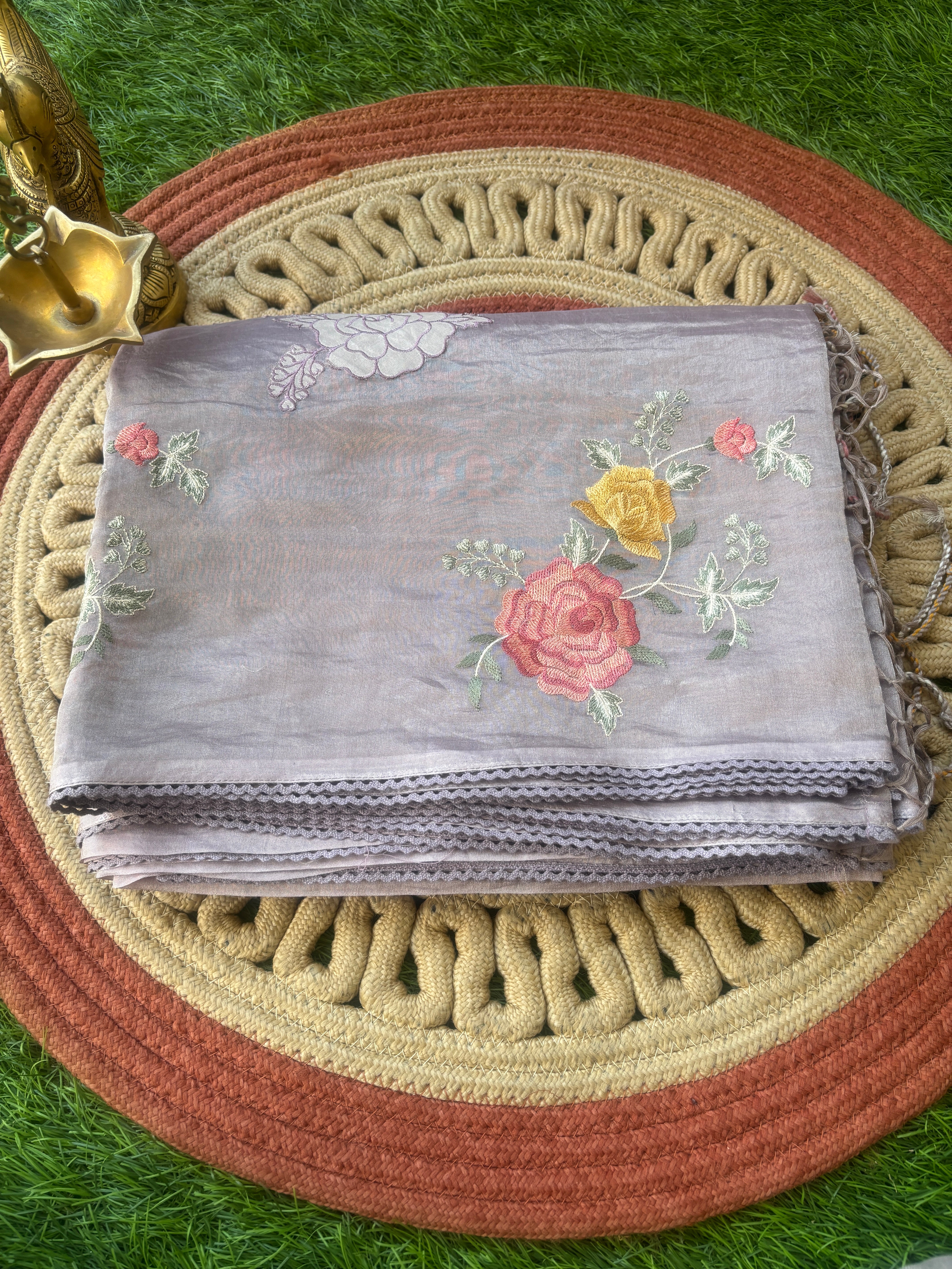 Chandrika Lifestyles pastel purple tissue Kora organza embroidered saree