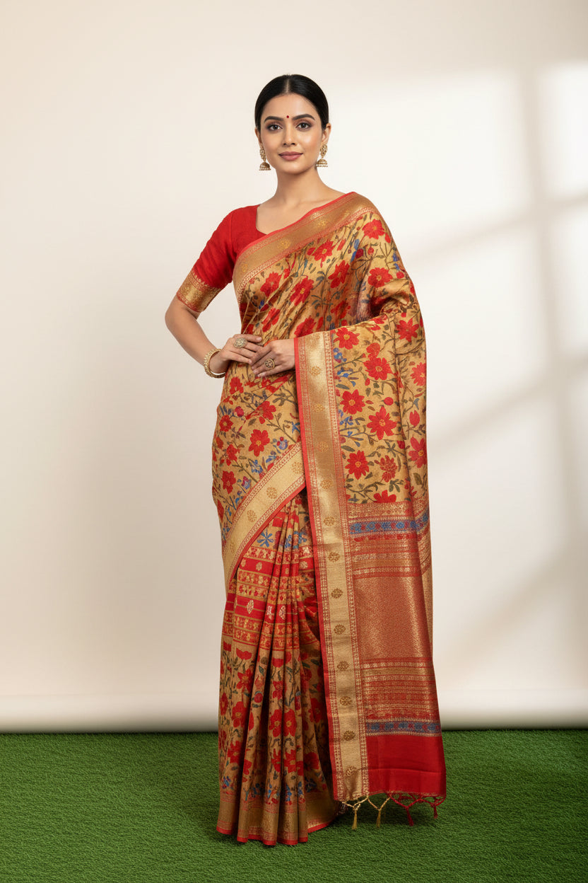 Elegant Brick Red Pure Crepe Silk Saree with Gota Work Border & Digital Floral Print