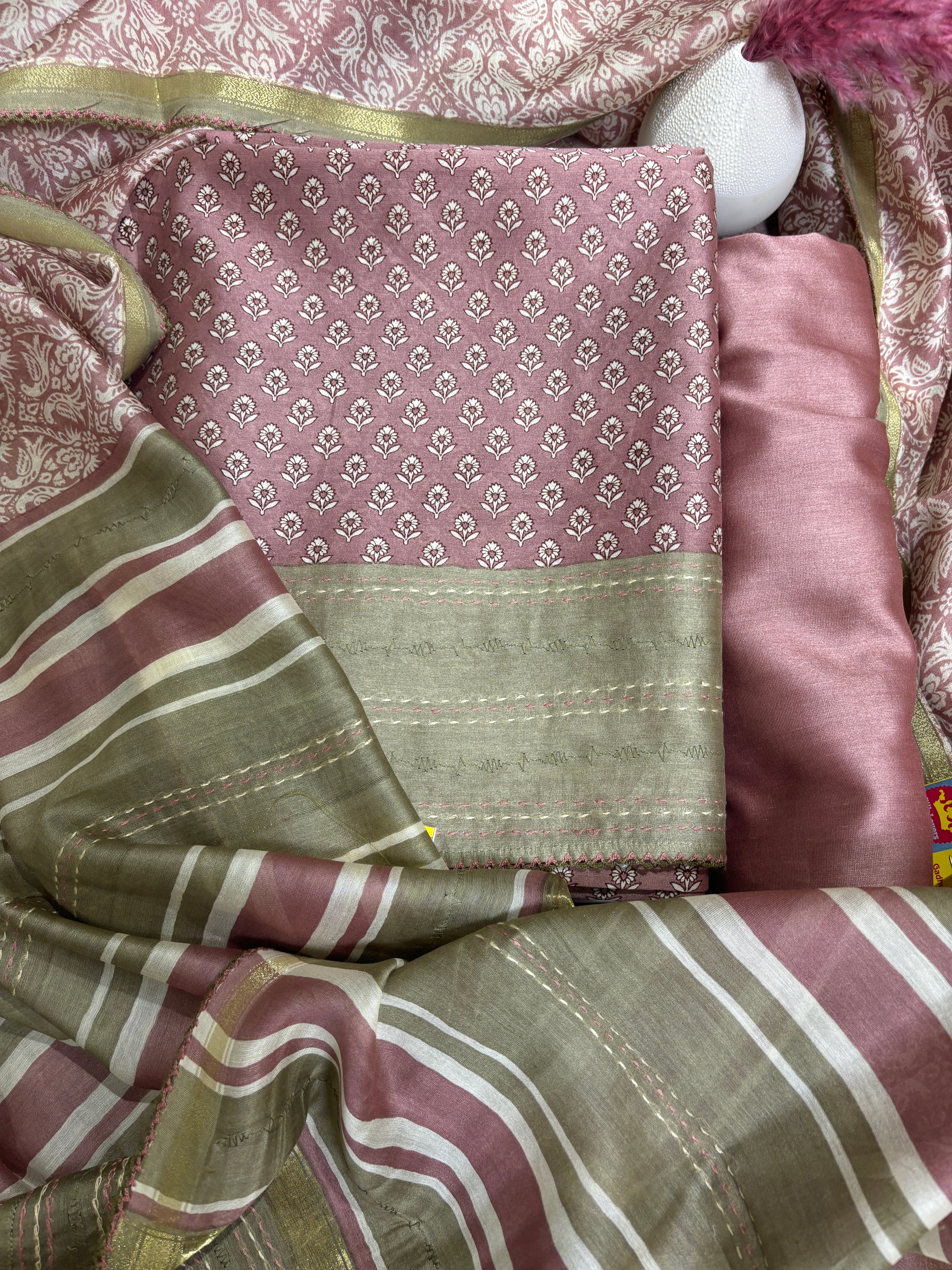 Digital Printed Chanderi Silk Suit Material in Onion Pink with Mehendi Green Contrast & Embroidered Dupatta