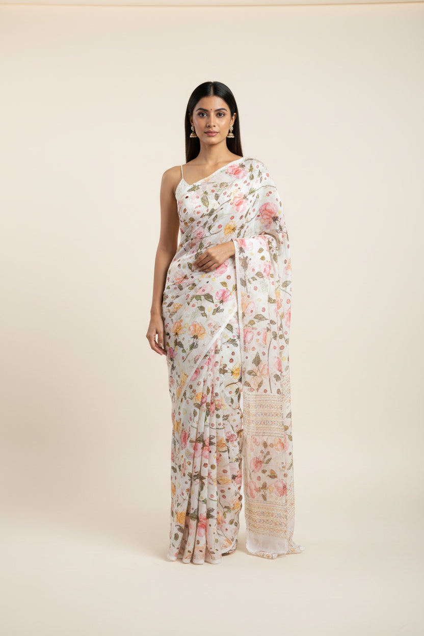 Off White Pure Crepe Silk Saree with Floral Digital Print