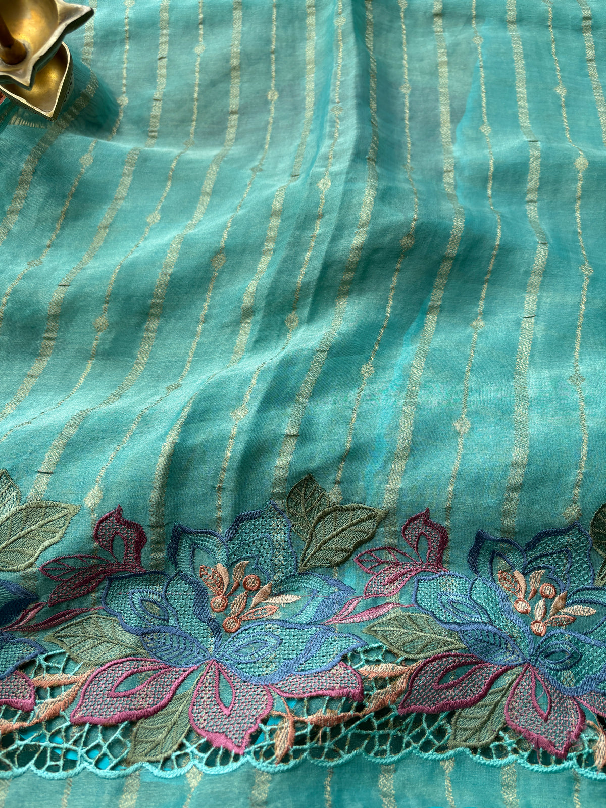Elegant Sea Green Pure Tissue Silk Saree with All-Over Embroidery & Cutwork Design