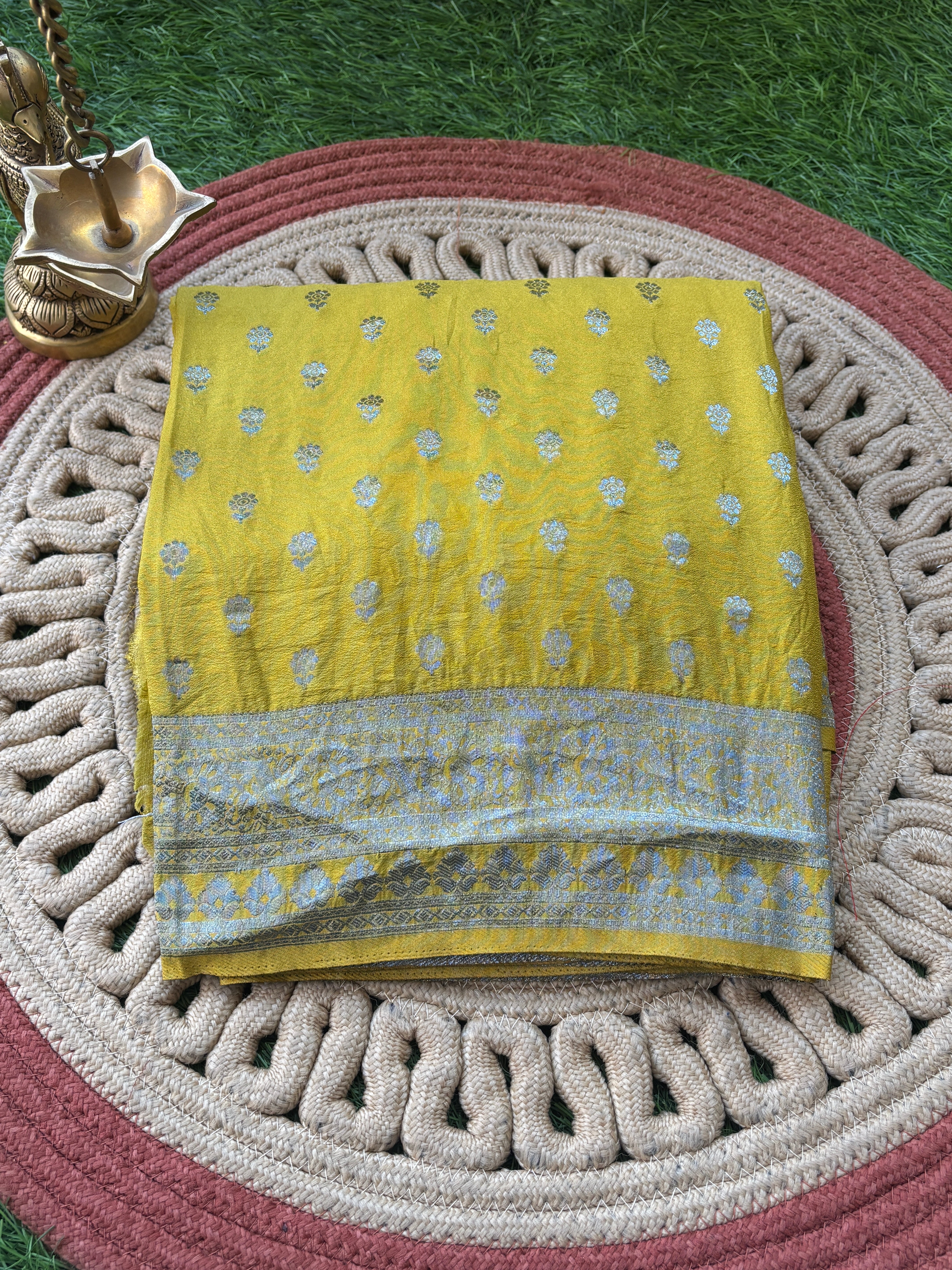 Lemon Yellow Art Silk Saree with Silver Zari Butta & Zari Pallu | Chandrika Lifestyles