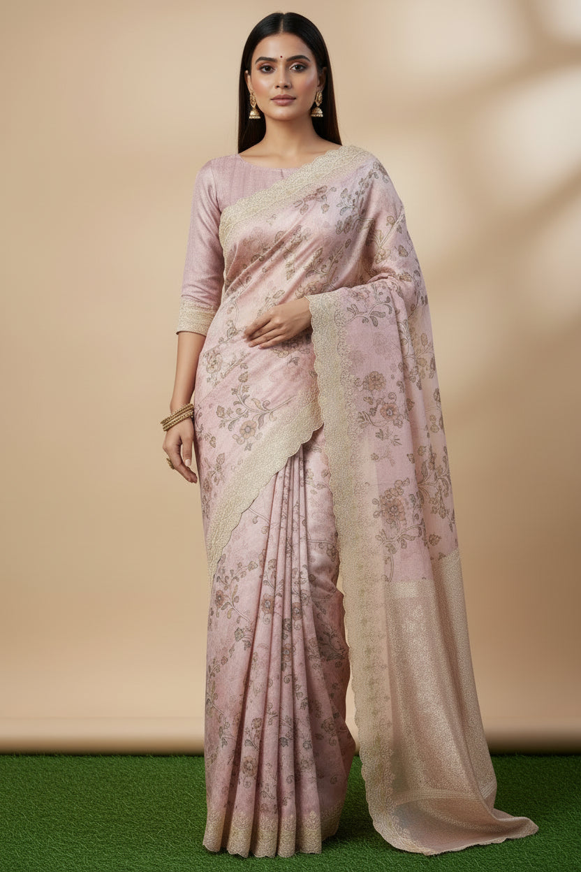 Model wearing pastel pink pure organza digital printed saree with floral print and elegant cutwork border by Chandrika Lifestyles
