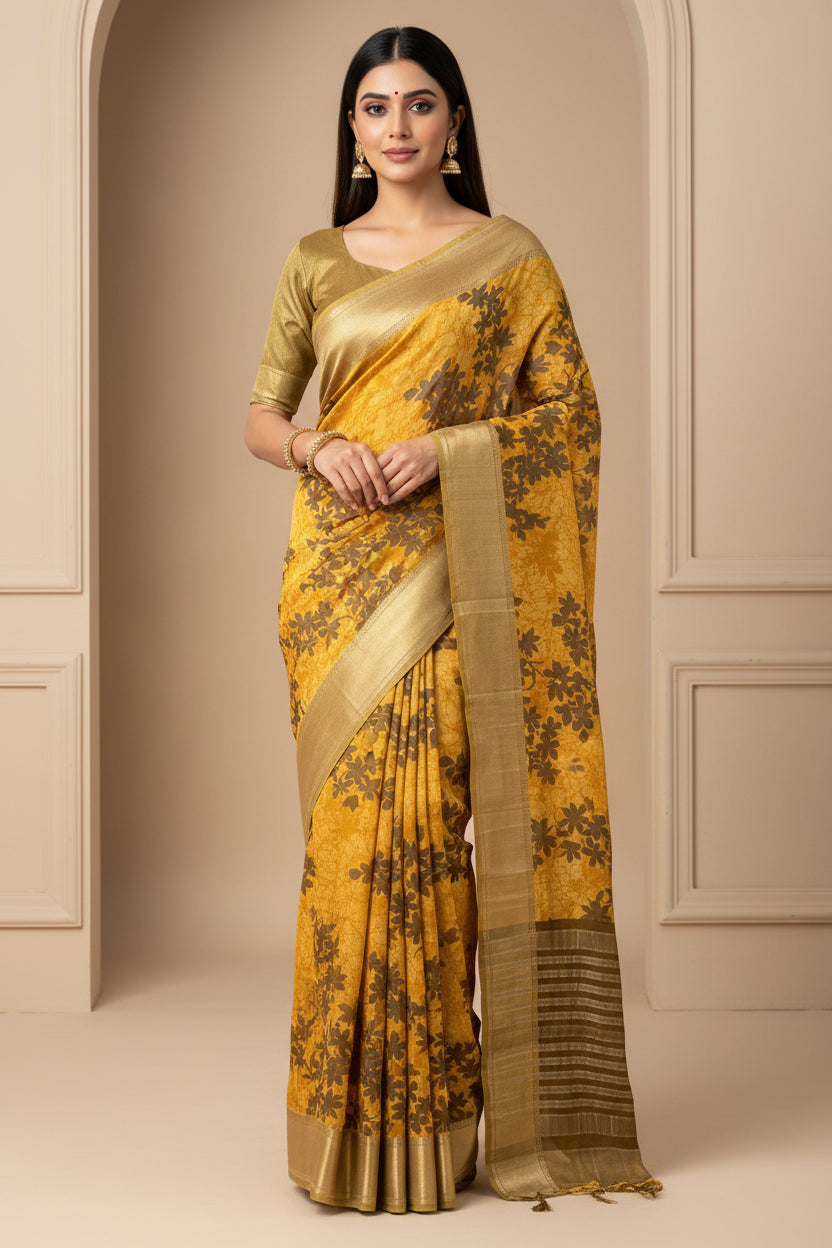 Mango Yellow Pure Georgette Printed Saree with Zari Border