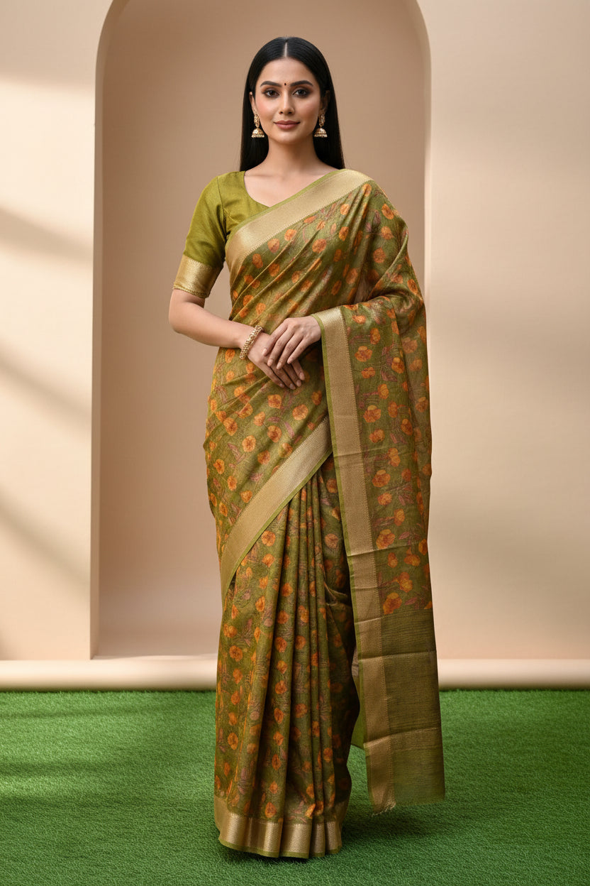 Olive Green Mercerized Cotton Saree with Allover Digital Print | Chandrika Lifestyles