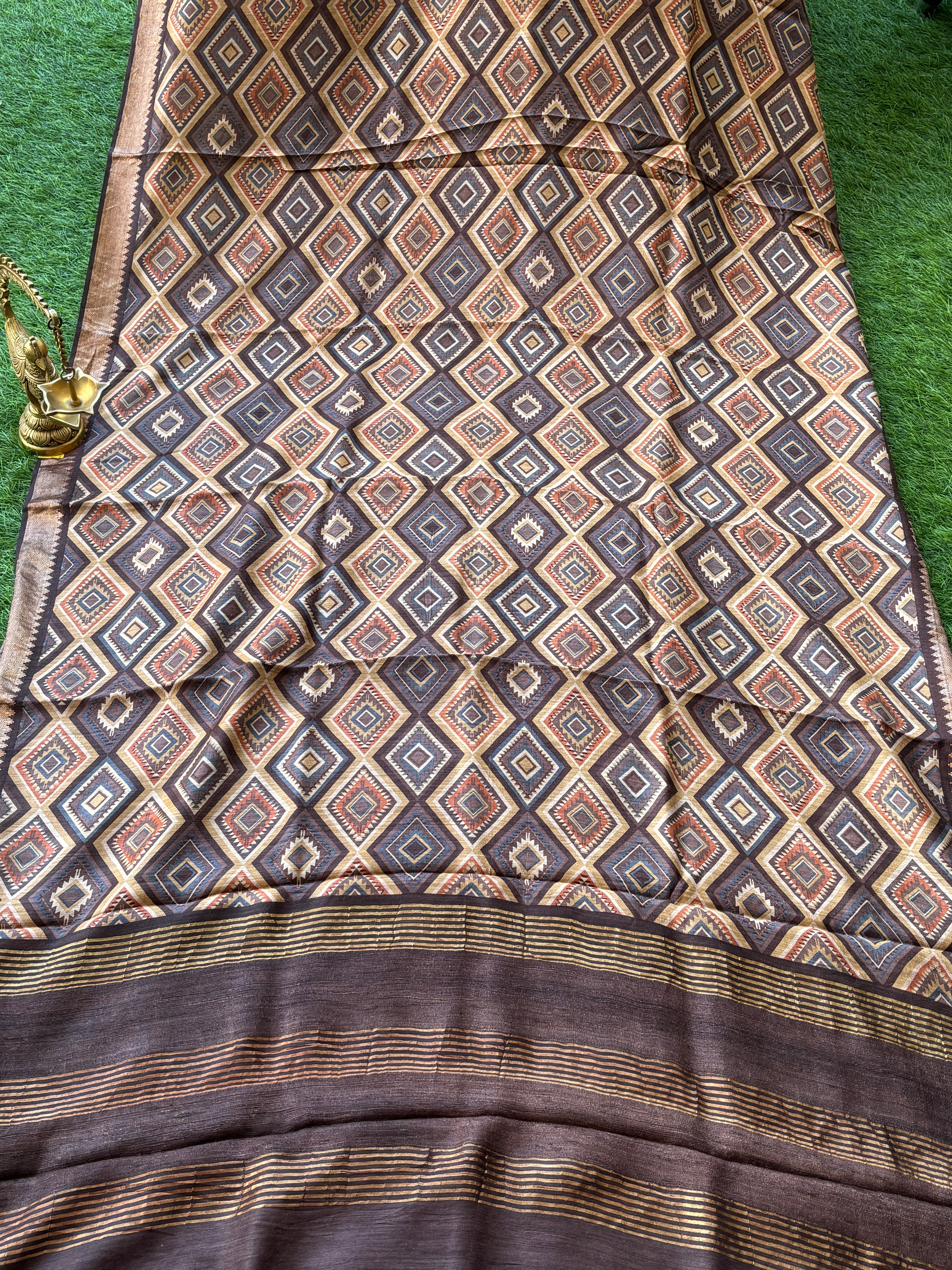 Brown Pure Tussar Silk Saree with Allover Geometric Print | Chandrika Lifestyles