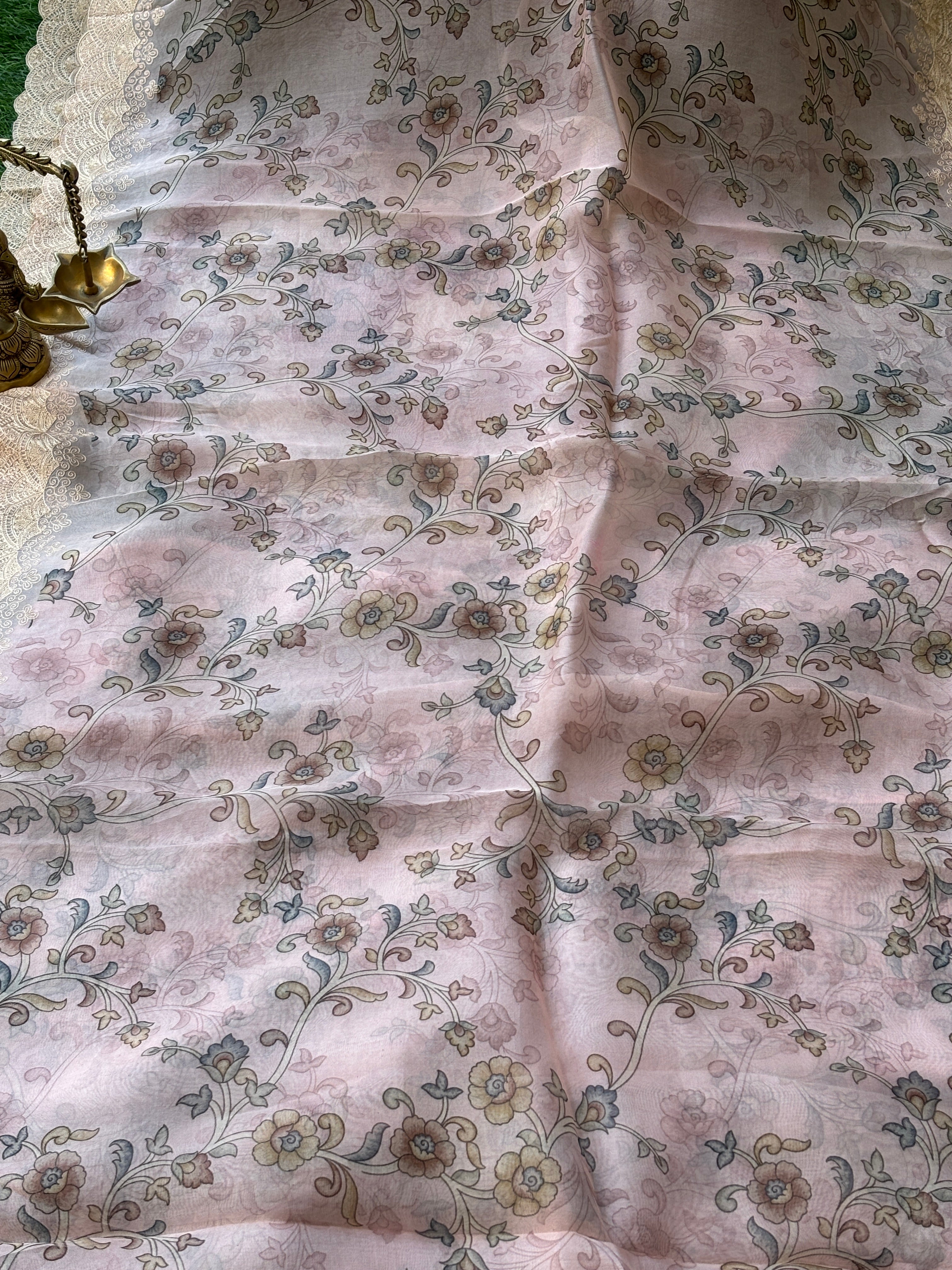 Pastel Pink Pure Organza Digital Printed Saree with Floral Print & Cutwork Border