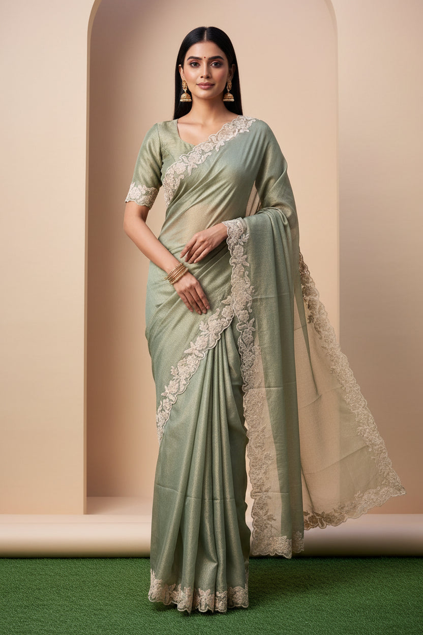 Pista Green Pure Tissue Organza Saree with Applique Border & Cutwork | Chandrika Lifestyles