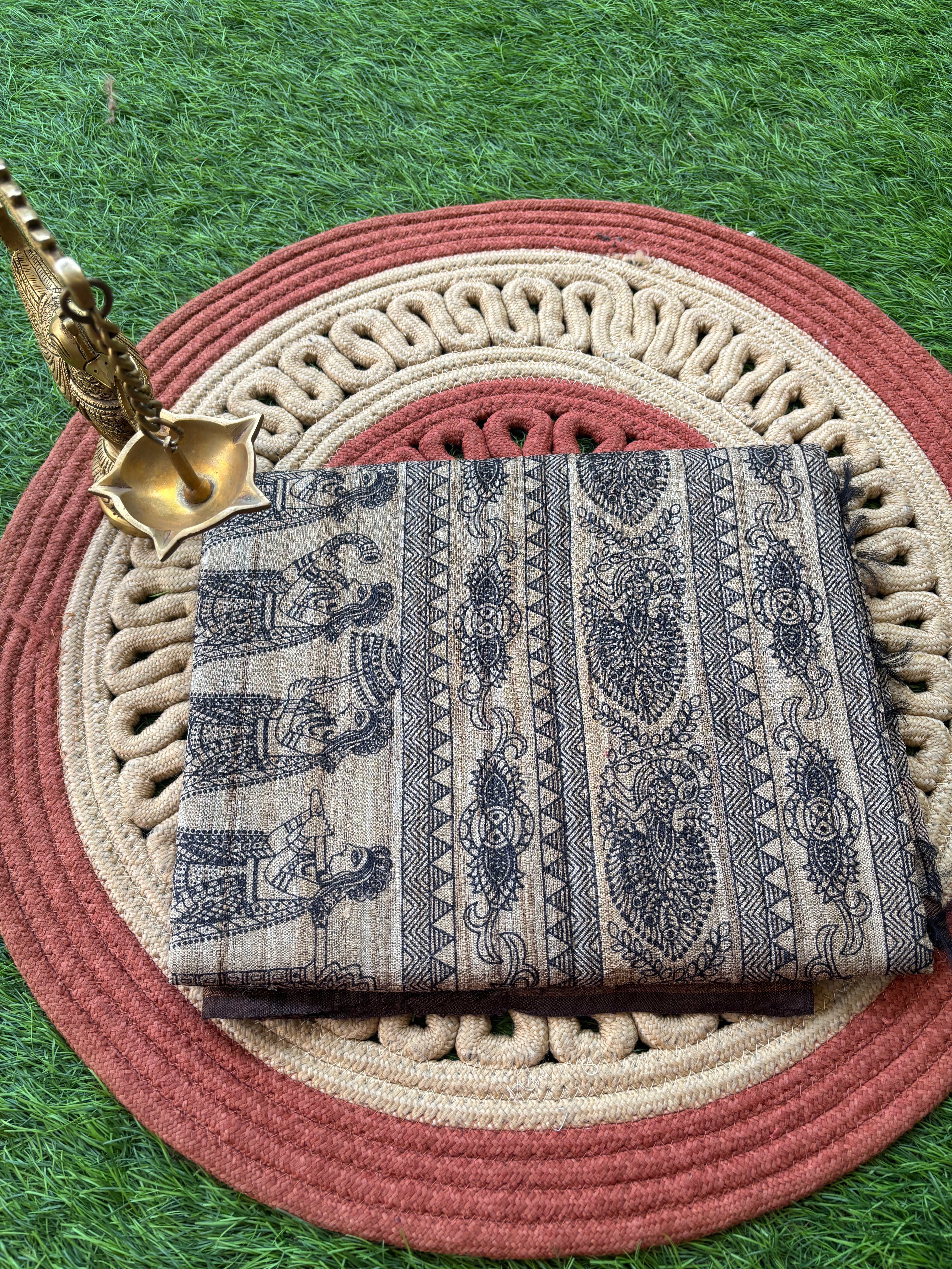 Pure Desi Tussar Silk Dark Coffee Brown Saree with Zari Border and Madhubani Print Pallu with Running Blouse