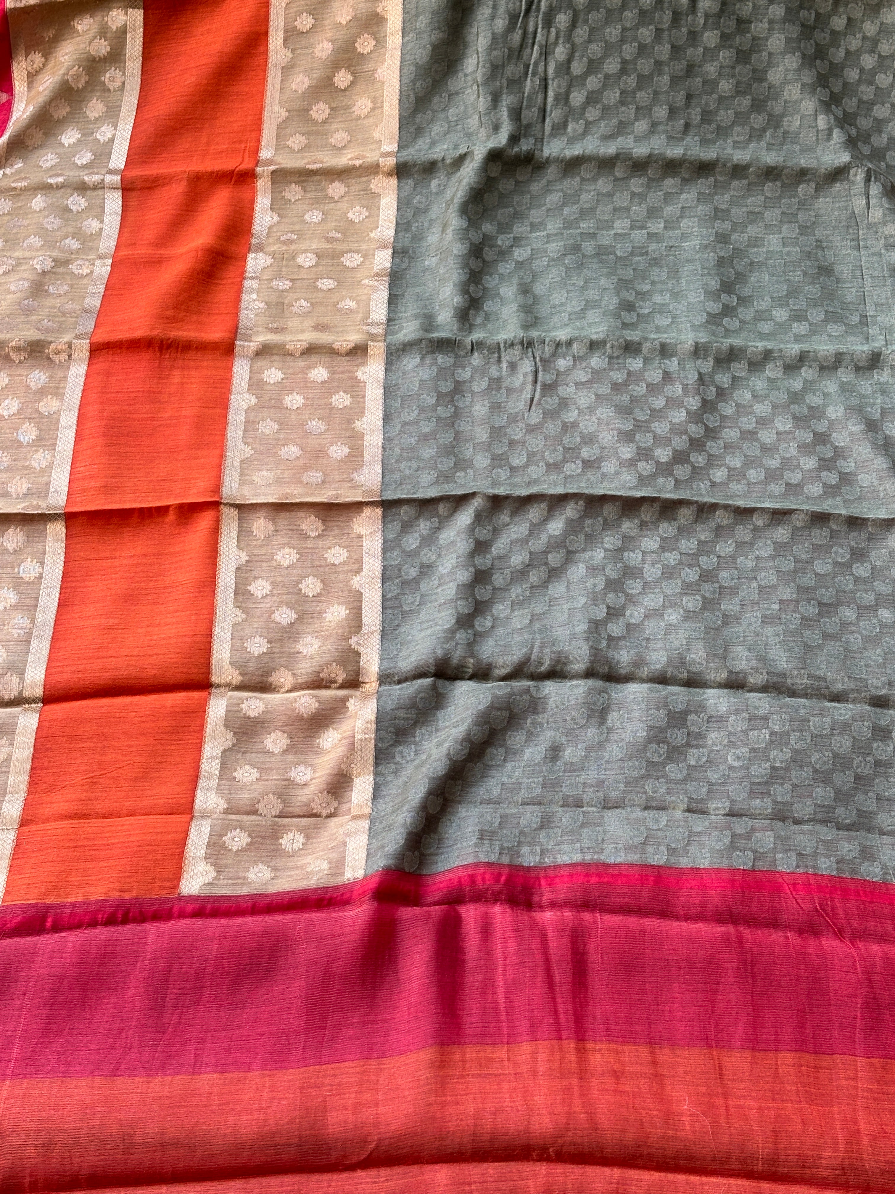 Grey Munga Silk Saree with Red Border & Multicolour Stripes | Chandrika Lifestyles