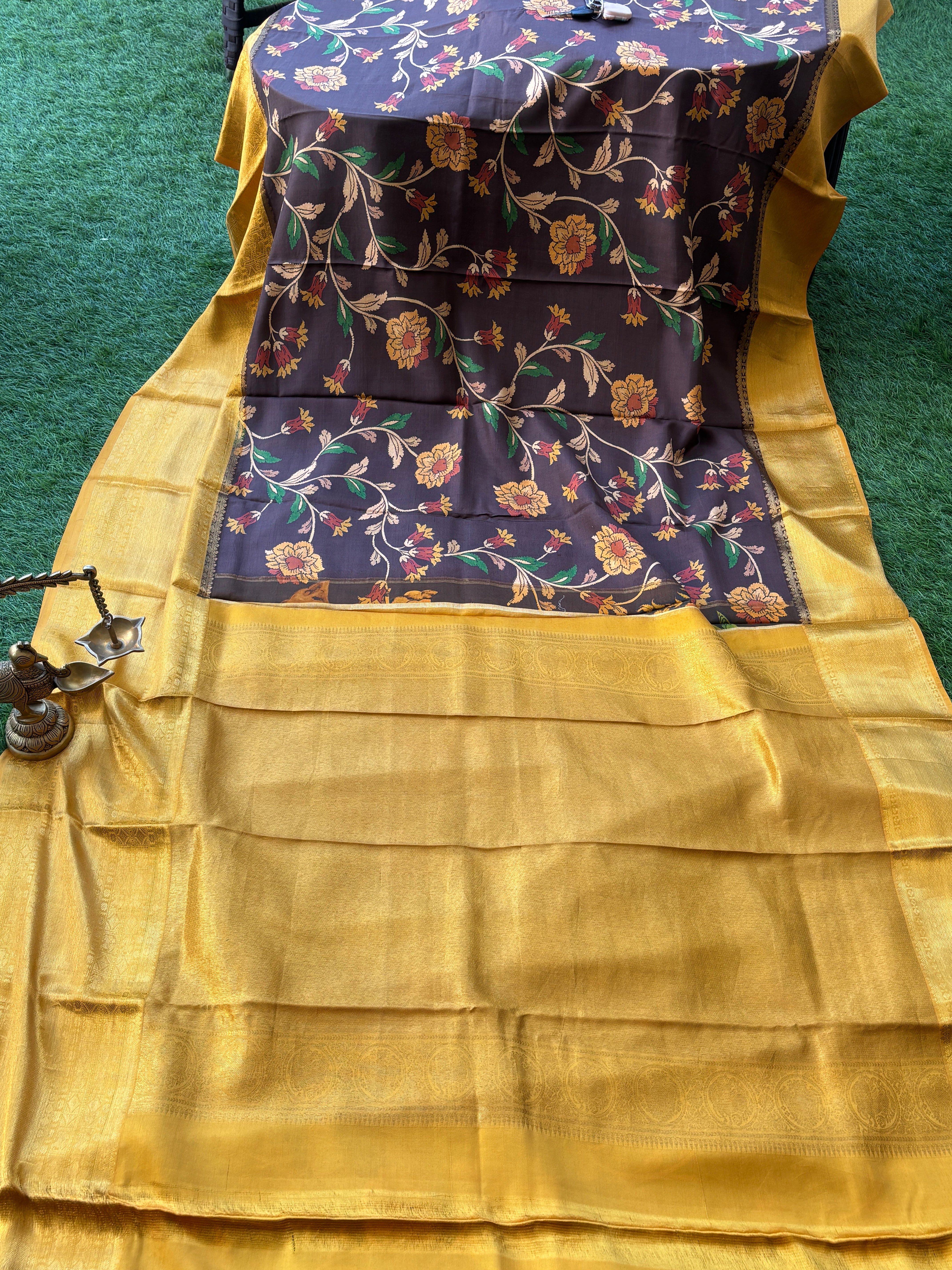 Dark Brown & Yellow Pure Silk Saree with Digital Print & Kanchipuram Border and Pallu | Chandrika Lifestyles