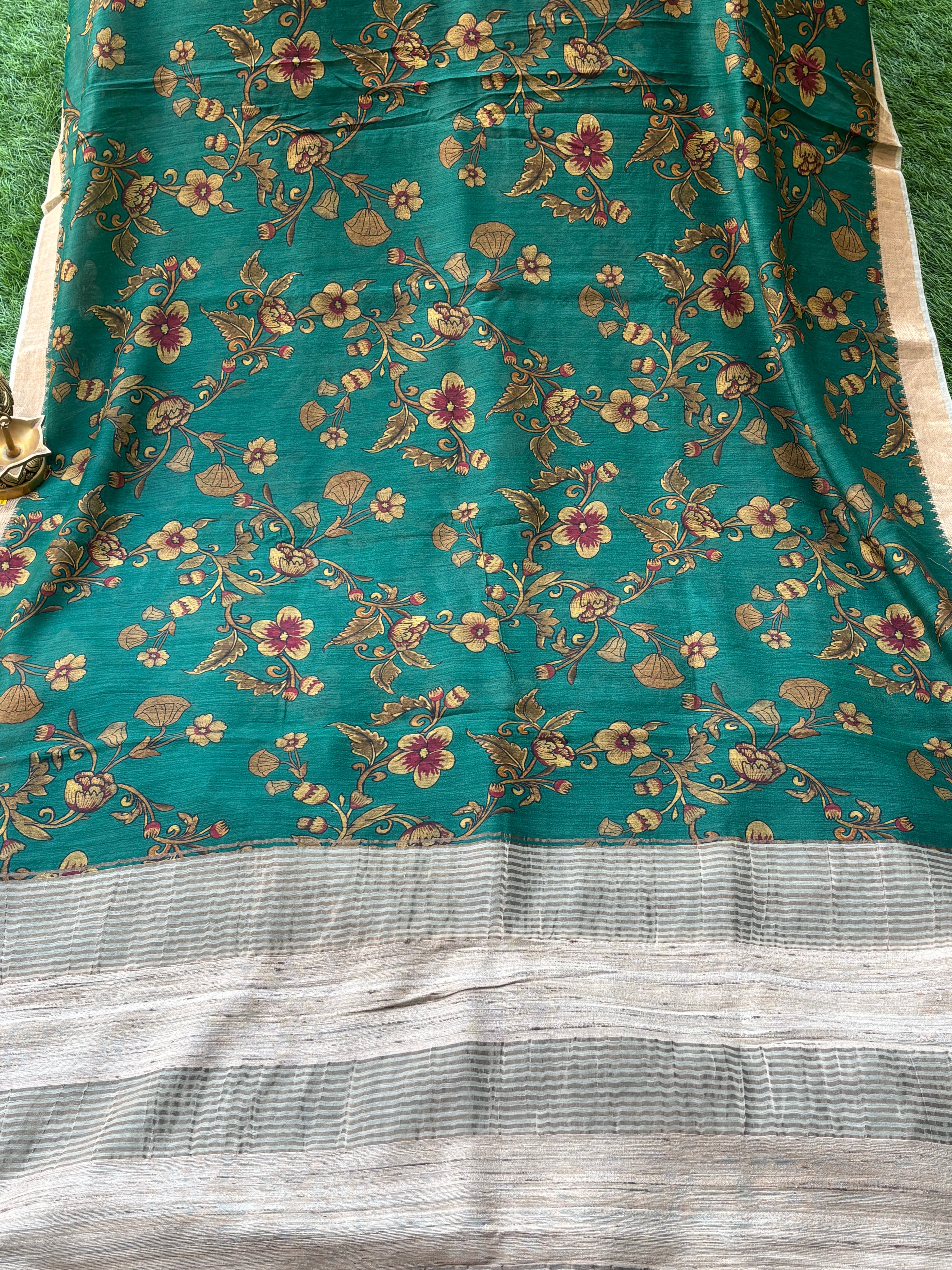 Teal Blue Munga Silk Saree with Allover Digital Print | Chandrika Lifestyles