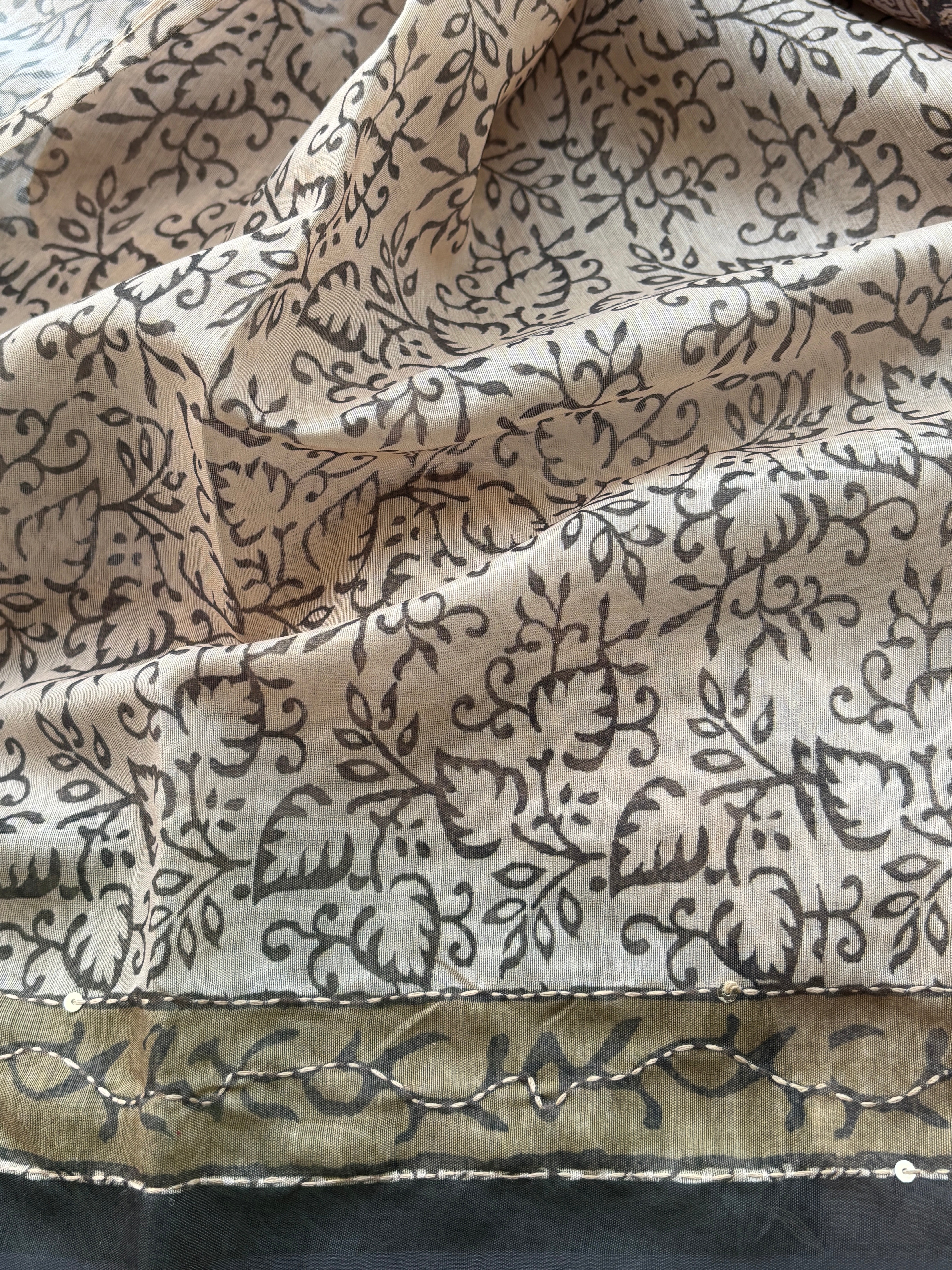 Mehndi Green Banarasi Mercerised Cotton Saree with Kantha Work