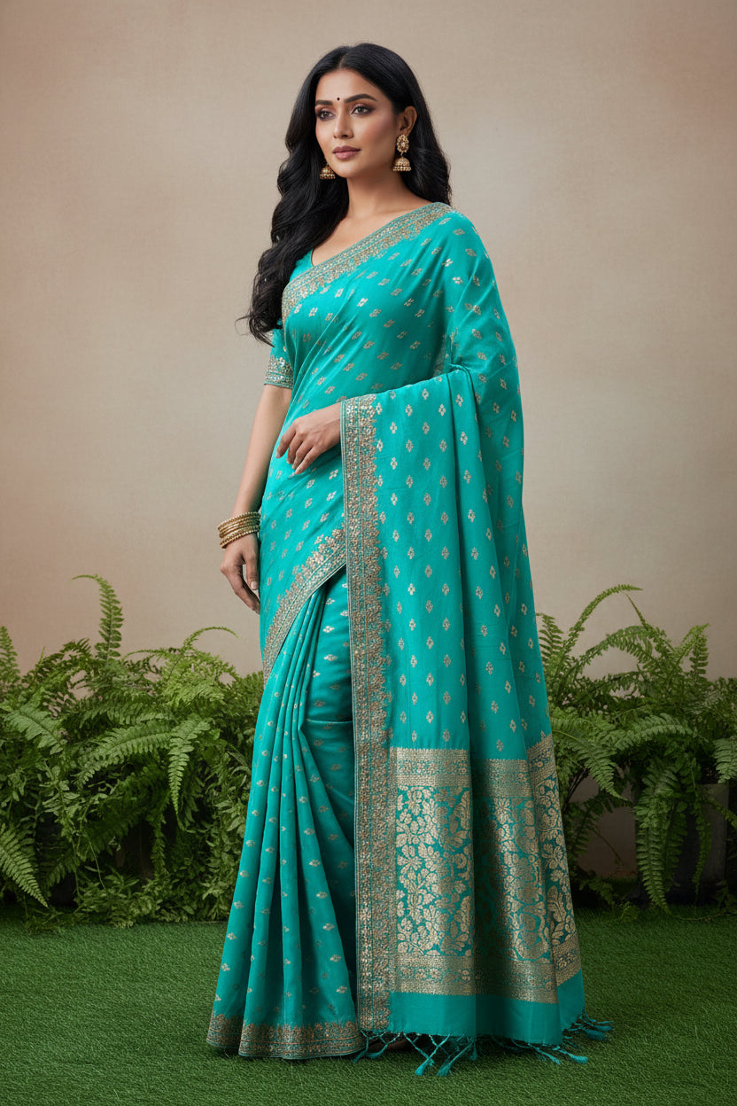 Royal Sea Green Pure Muga Silk Saree with Gota Patti Border & Buta Work (Blue Blouse)
