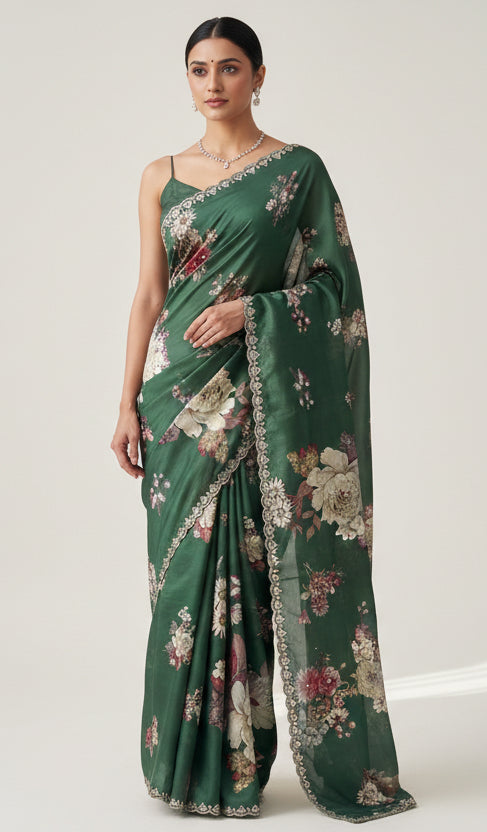 Elegant Bottle Green Pure Tusser Silk Saree with Digital Floral Print & Mirror Work Border