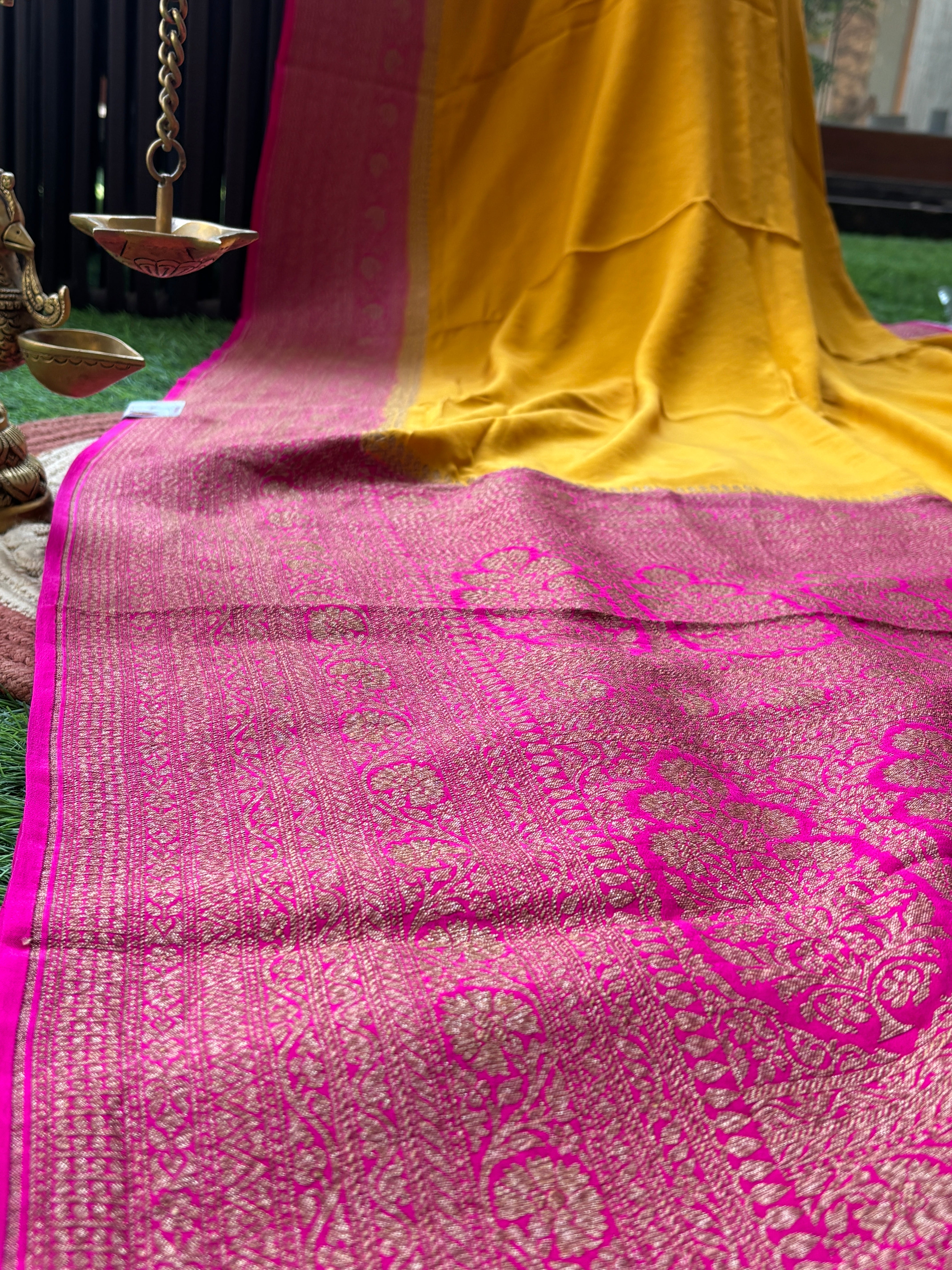 Mango Yellow Pure Banarasi Khaddi Crepe Silk Saree with Pink Border & Pallu | Chandrika Lifestyles