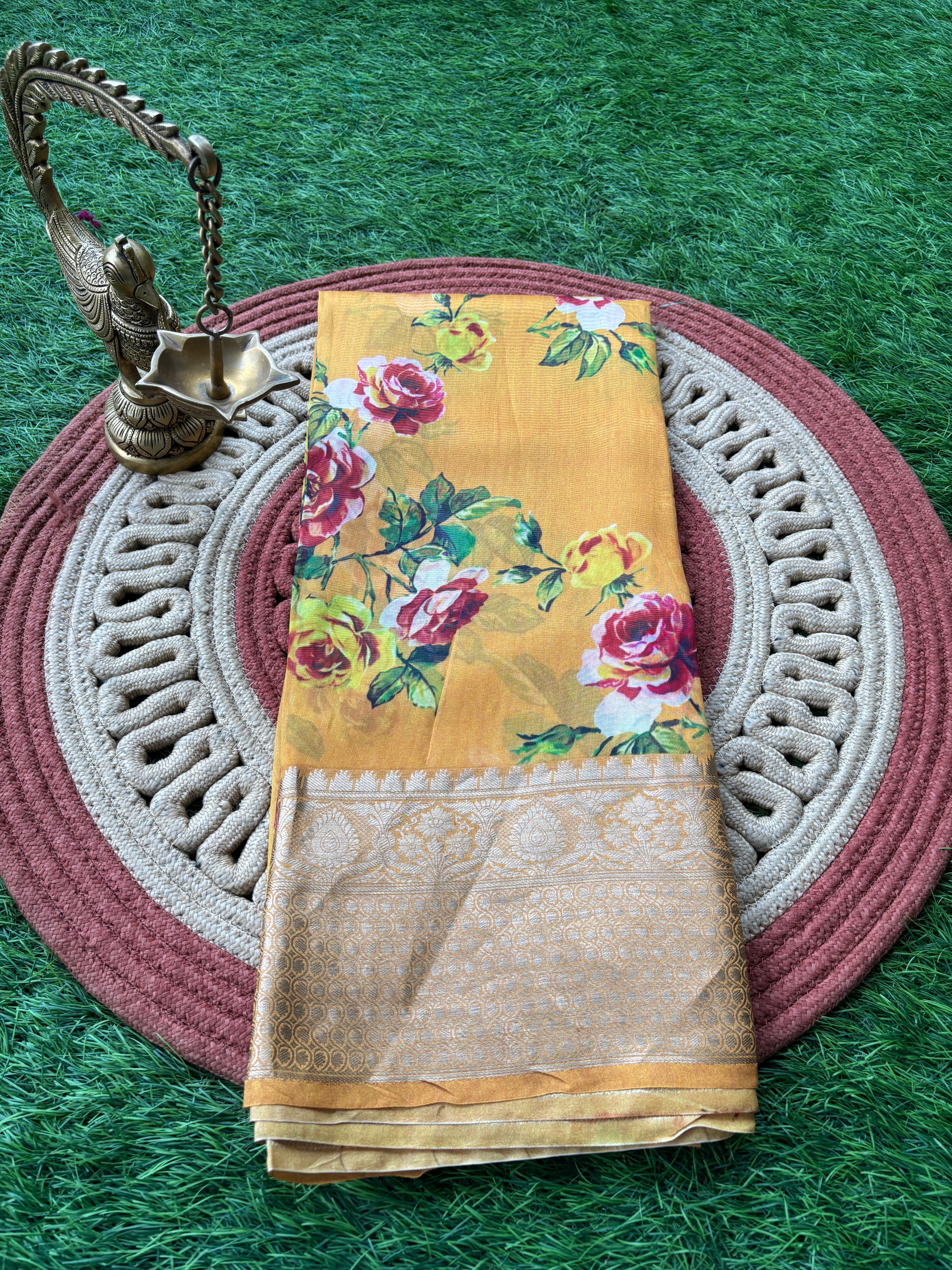 Yellow Pure Georgette Banarasi Saree with Allover Floral Digital Print | Chandrika Lifestyles
