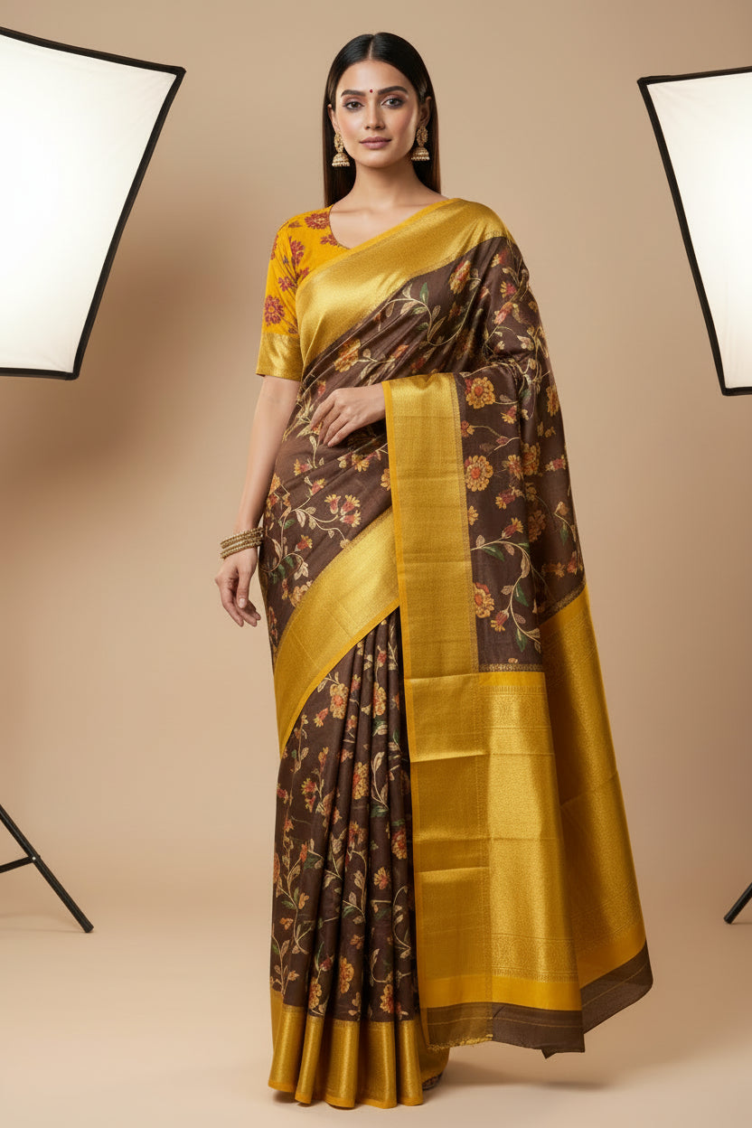 Dark Brown & Yellow Pure Silk Saree with Digital Print & Kanchipuram Border and Pallu | Chandrika Lifestyles