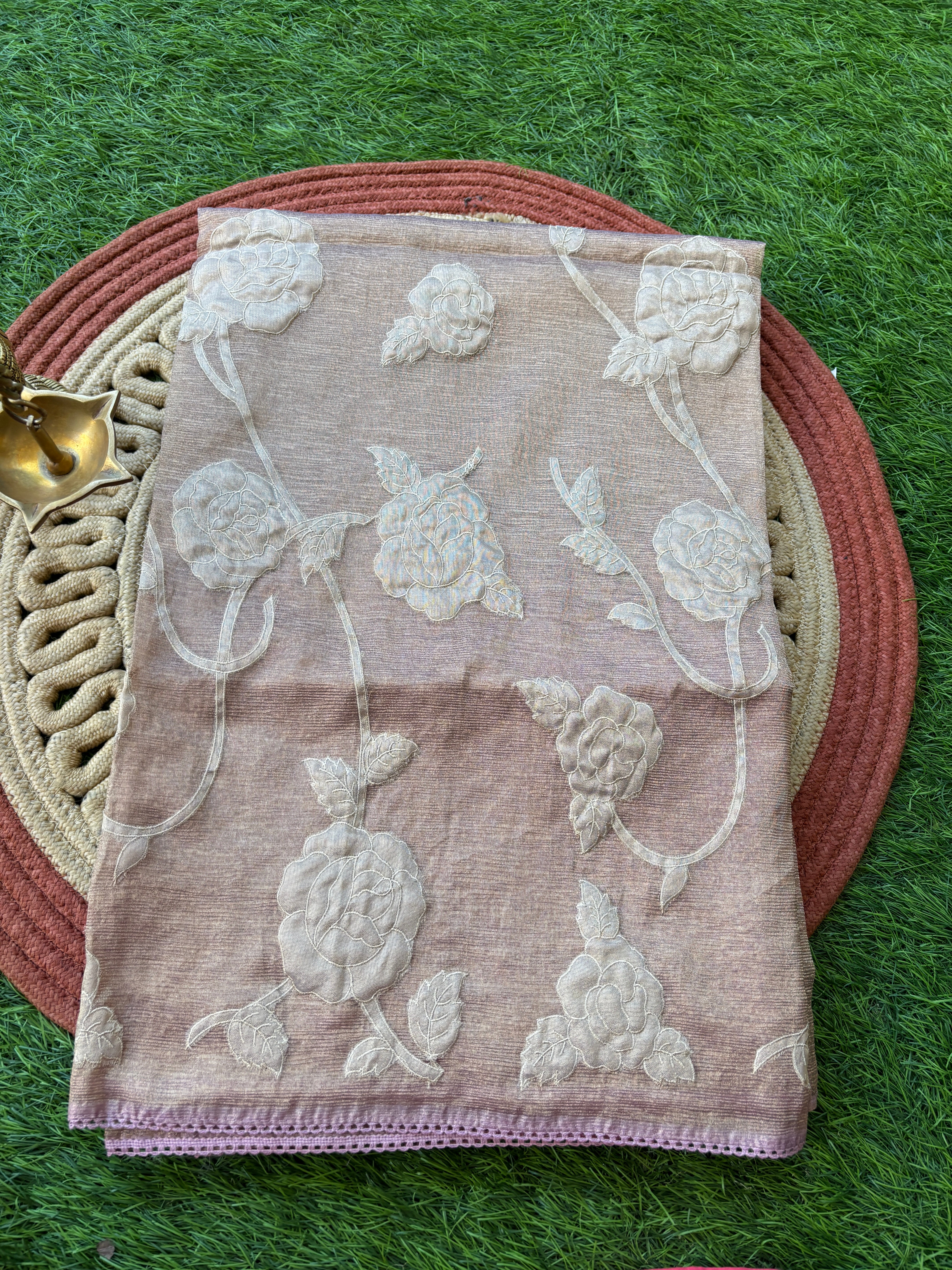 Metallic Onion Pink Tissue Saree with Allover Applique Work | Chandrika Lifestyles