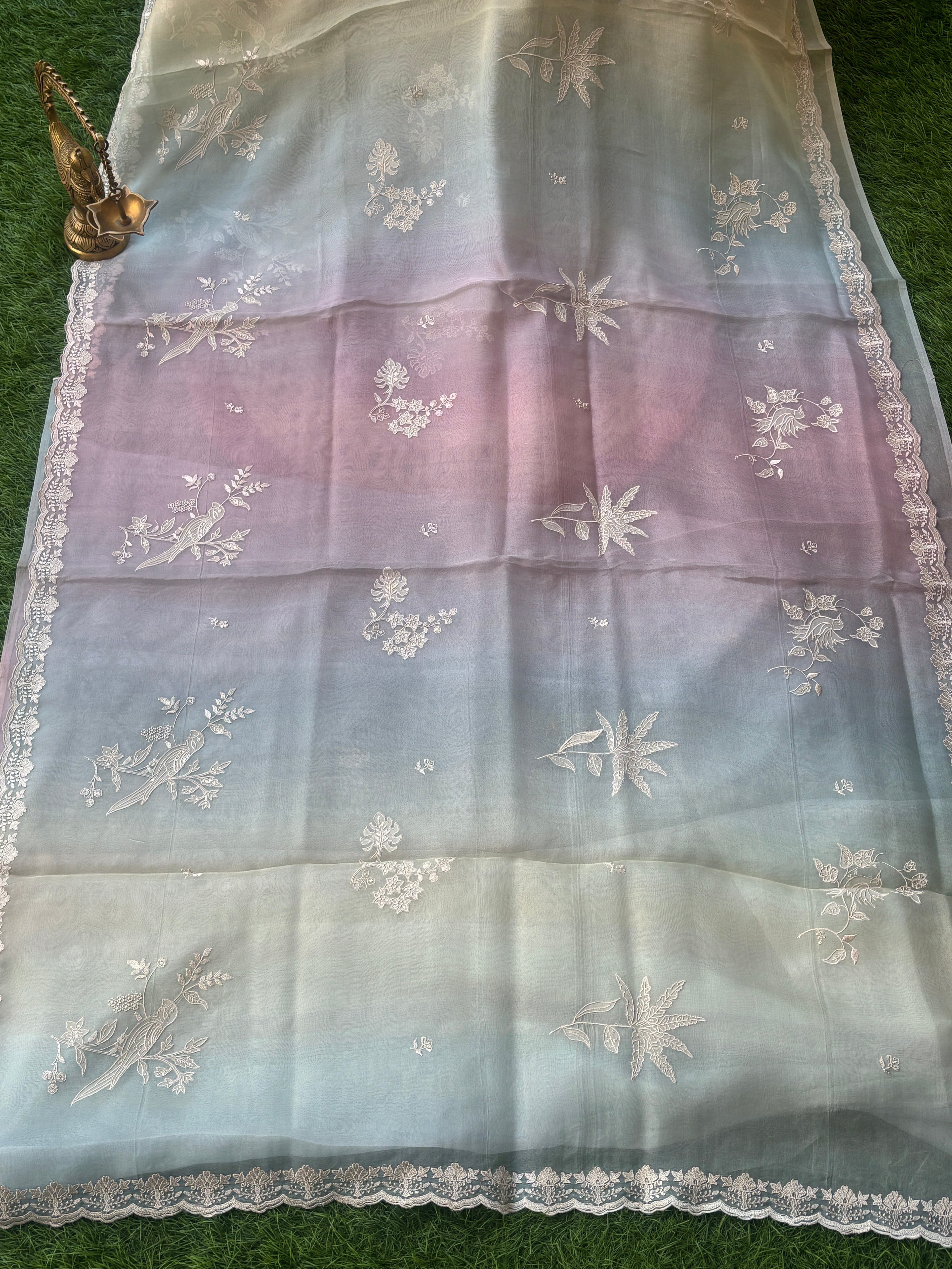 Lightweight Pastel Tissue Organza Saree with Intricate Embroidery
