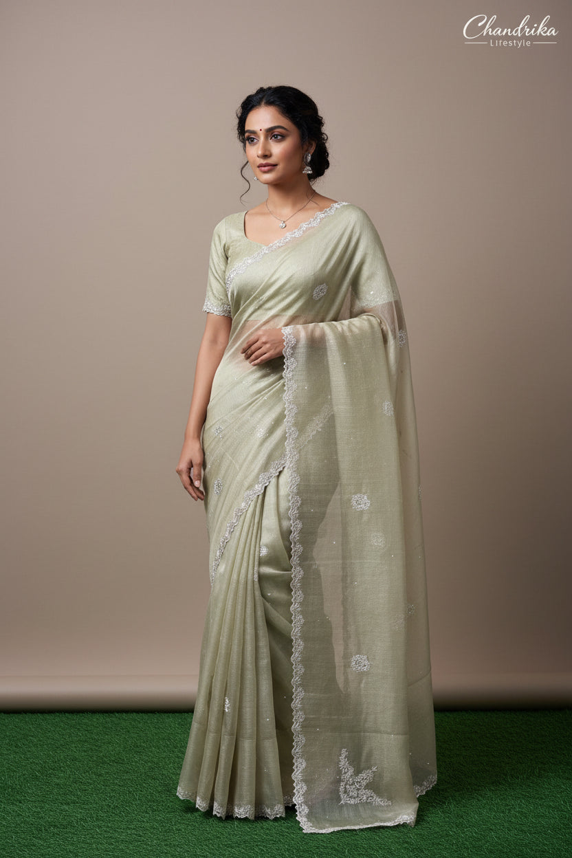 Pure Tissue Kota Silk Saree in Pista Green with Zardozi Work &