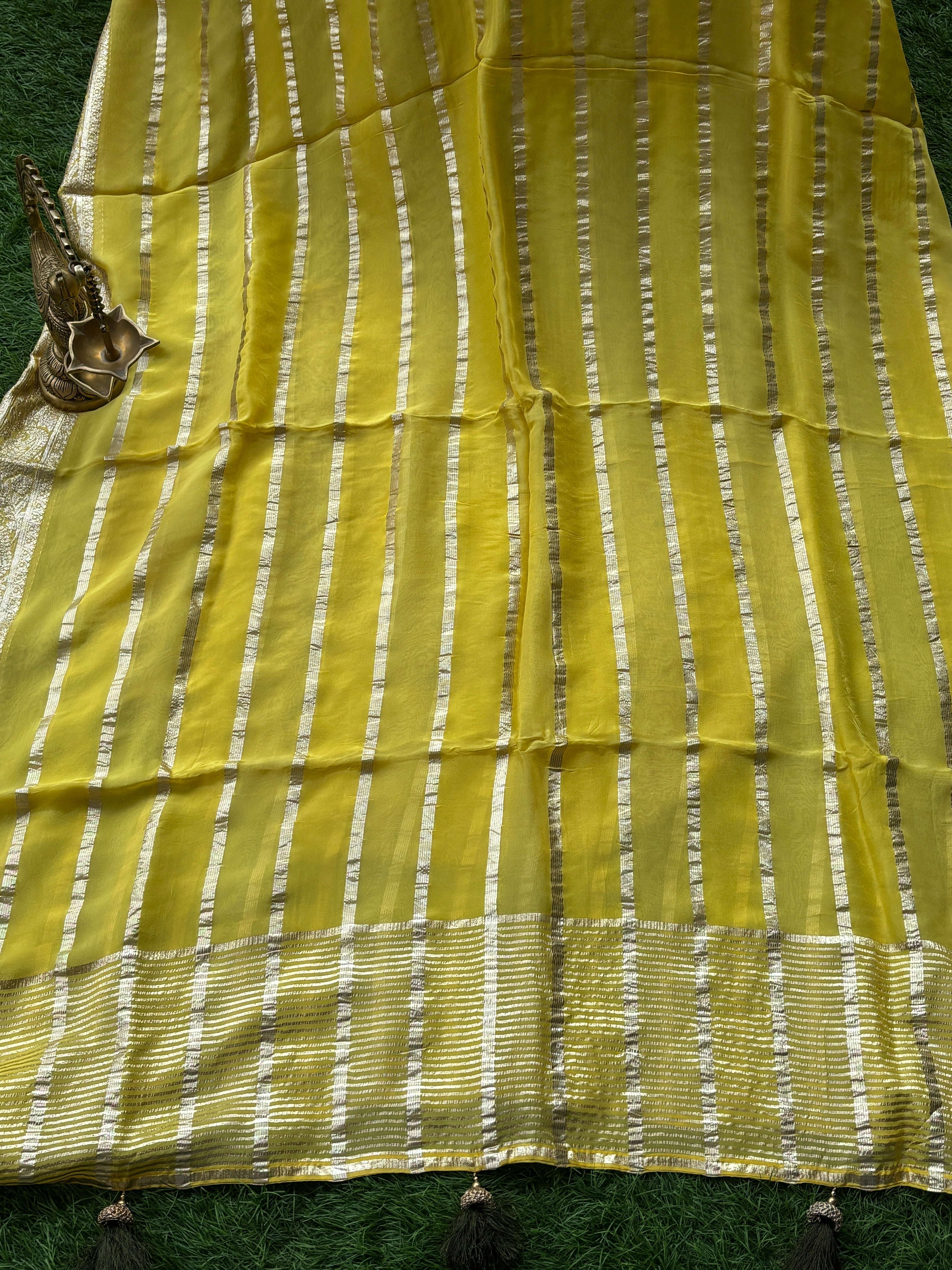 Royal Lemon Yellow Pure Georgette Saree with Silver Stripes & Heavy work Mehendi Designer Blouse