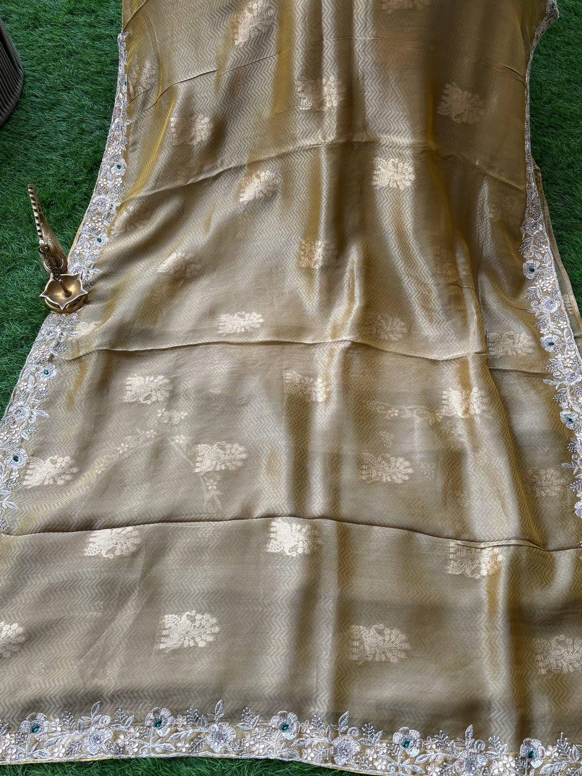 Royal Biscuit Beige Pure Tissue Silk Saree with Zigzag Weaving, Buta Work & Heavy Zardozi Border