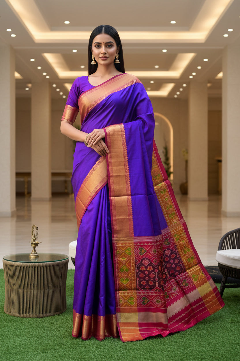 Pure Silk Patan Patola Dark Purple & Maroon Saree with Patola Weaved Border and Pallu