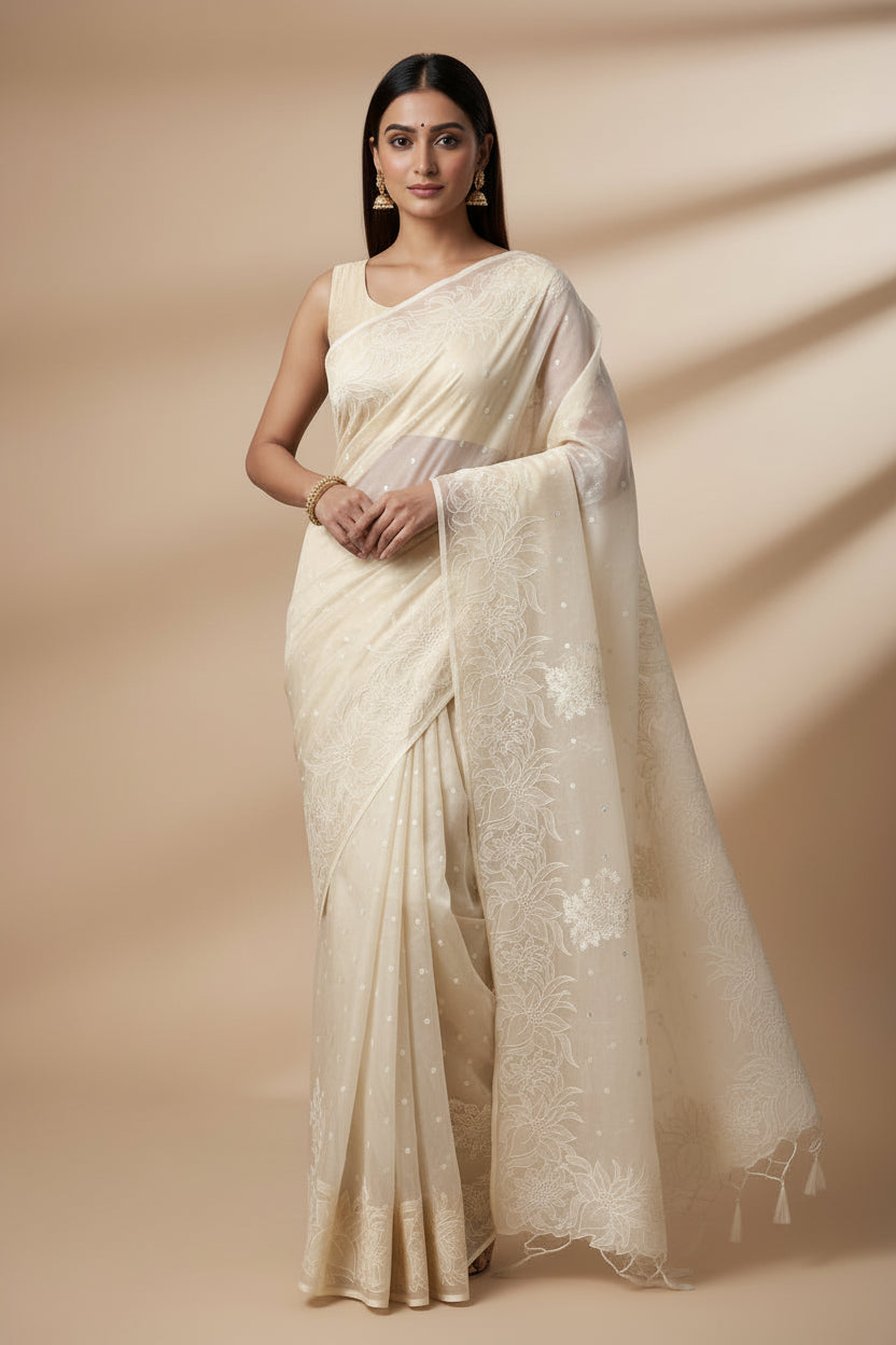 Pure Organza Saree in Off White with Elegant Cutwork Border