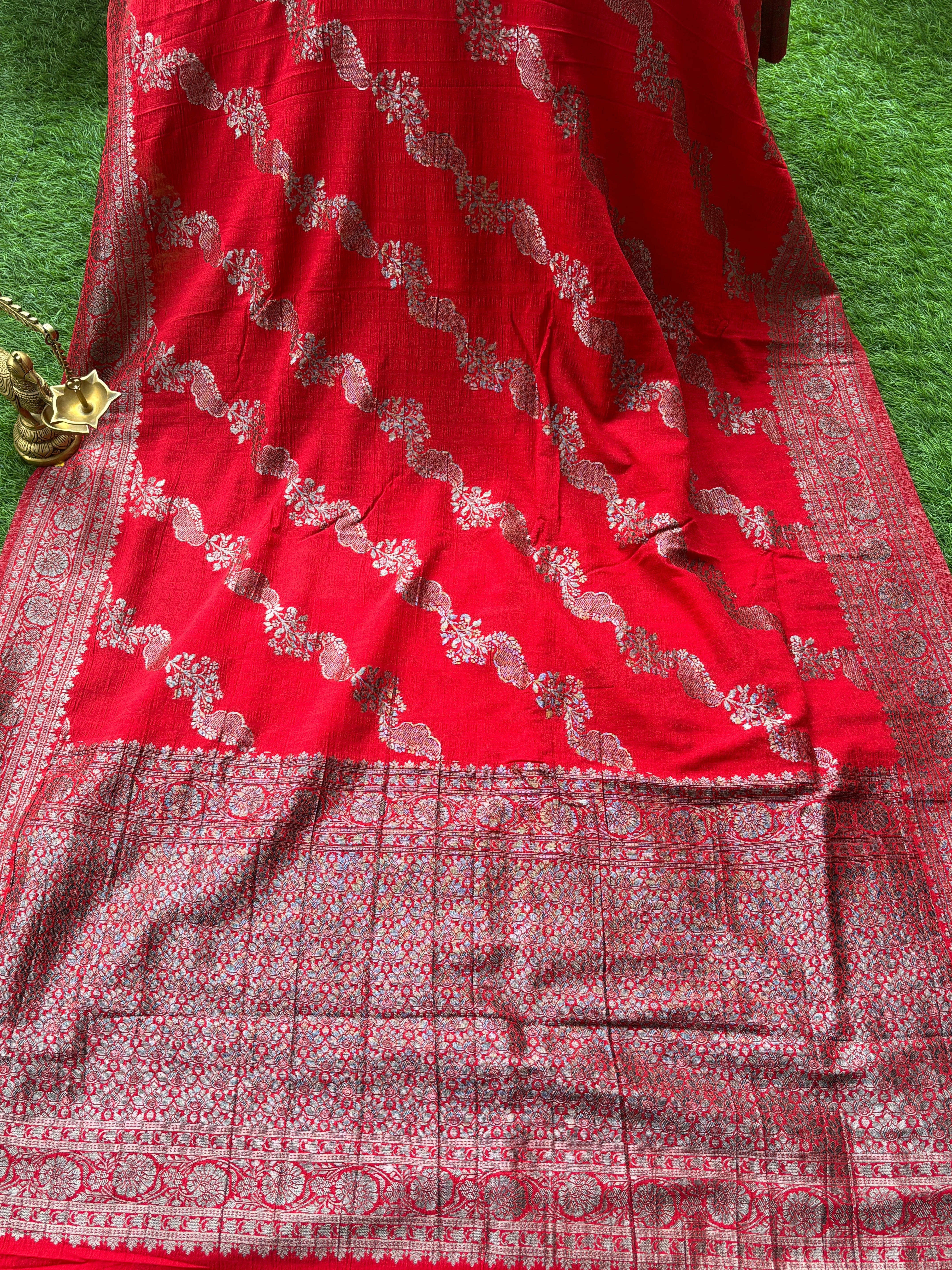 Blood Red Banarasi Georgette Saree with Laheriya Weaving | Chandrika Lifestyles