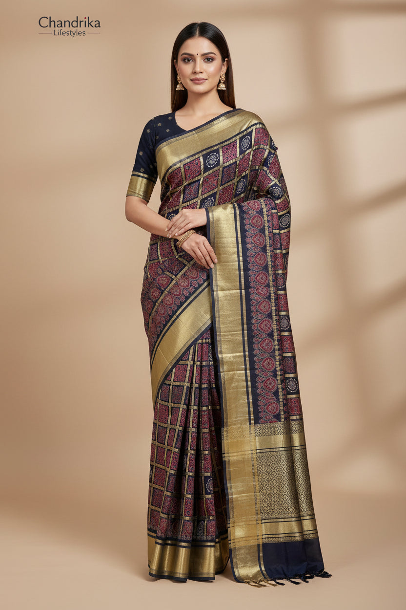 Model wearing royal blue gharchola saree styled for wedding and festive occasions
