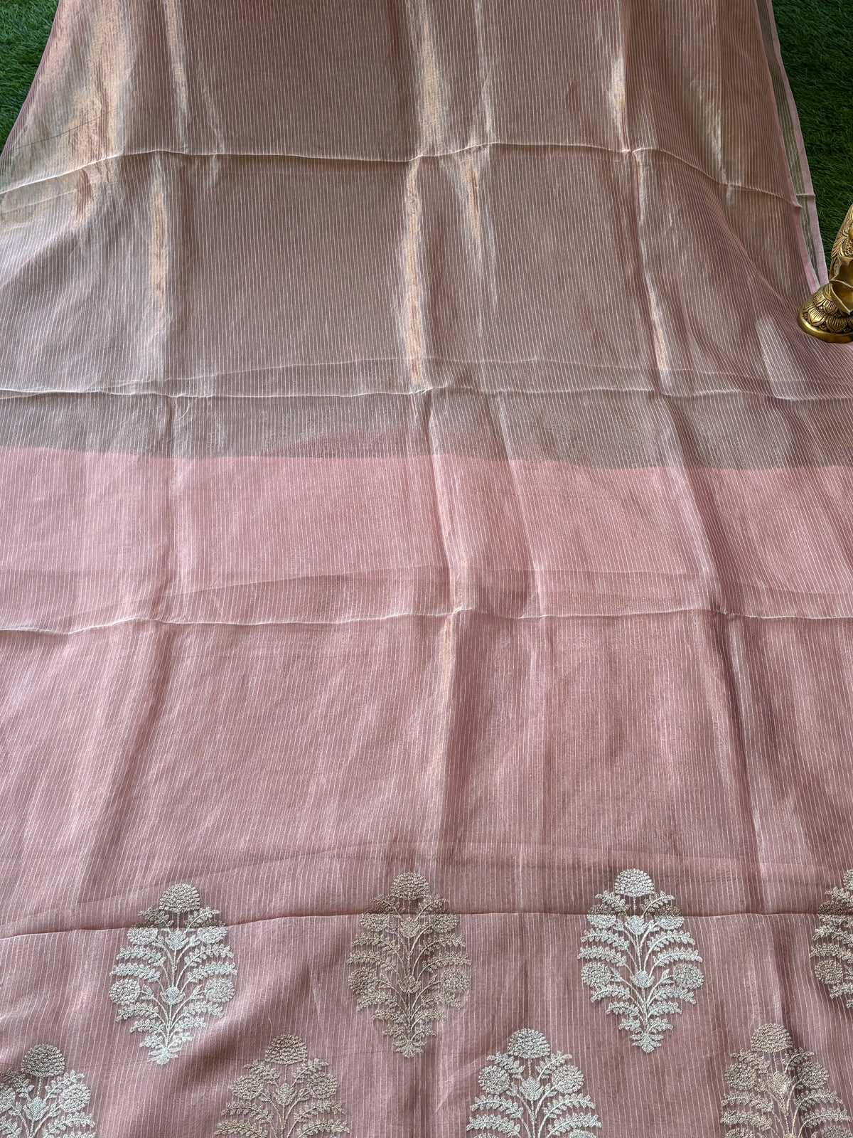 Baby Pink Pure Tissue Kora Saree with Allover Silver Zari Embroidery & Zari Pallu | Chandrika Lifestyles