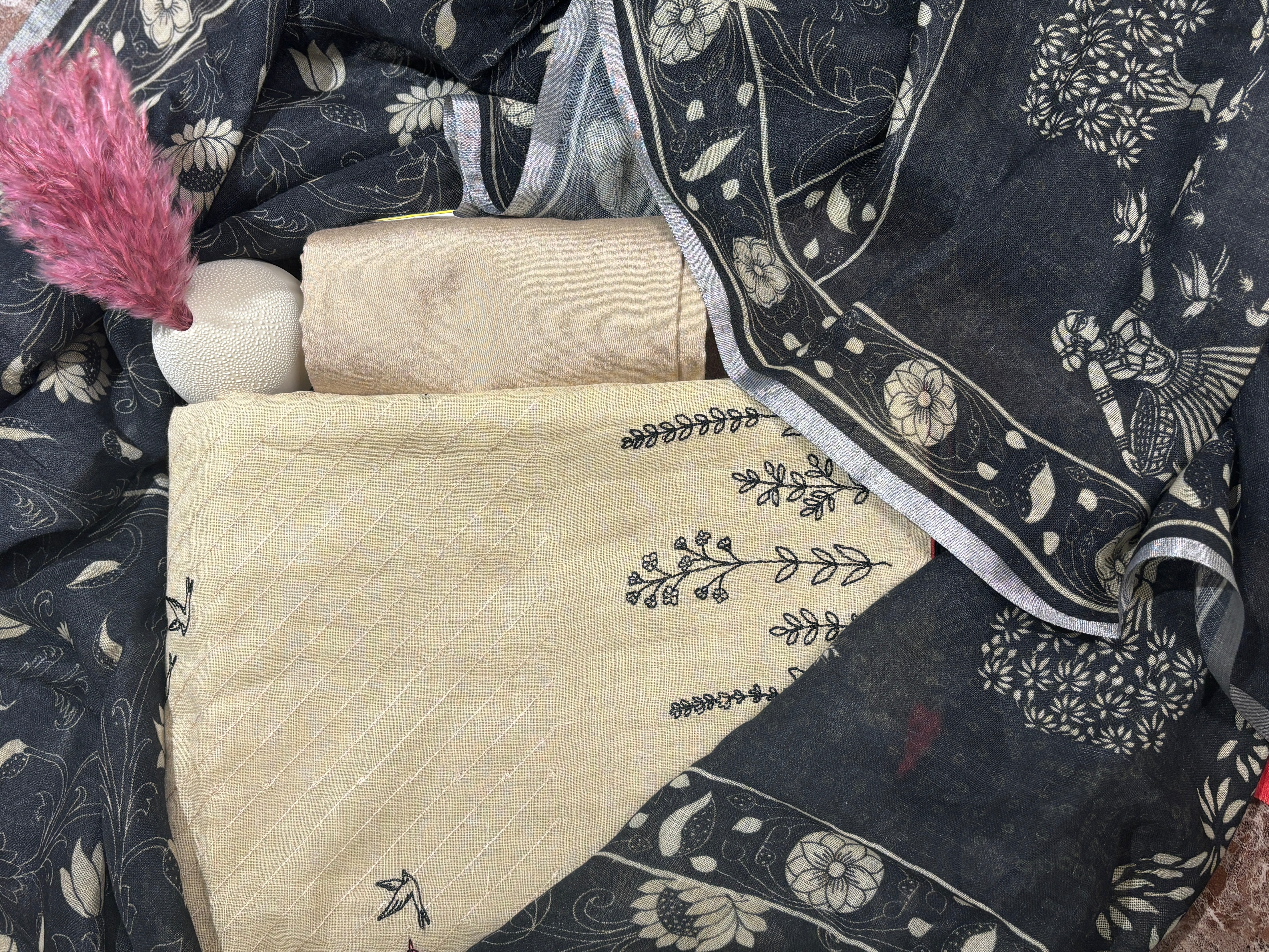 Chandrika Lifestyles | Pure Linen Suit Material – Beige with Black Floral Dupatta