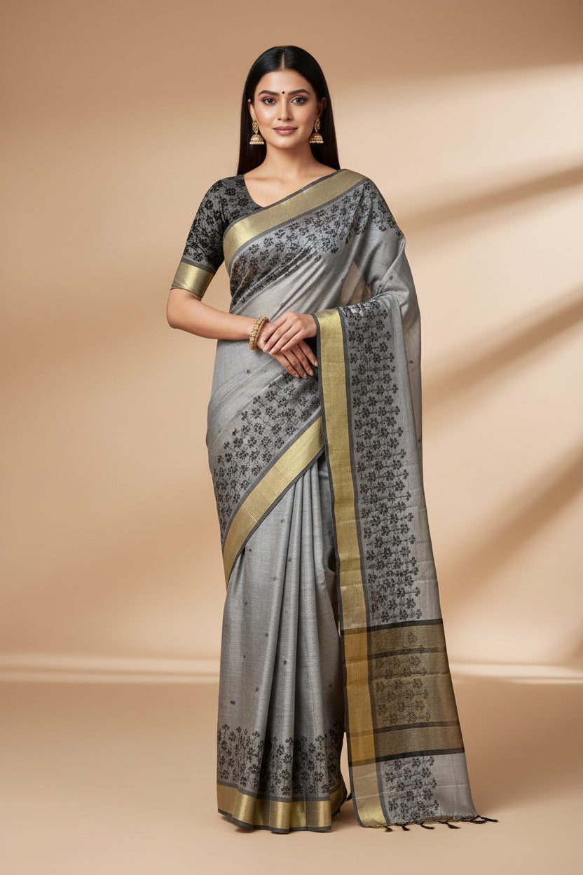 Grey Banarasi Mercerised Cotton Saree with Embroidered Border