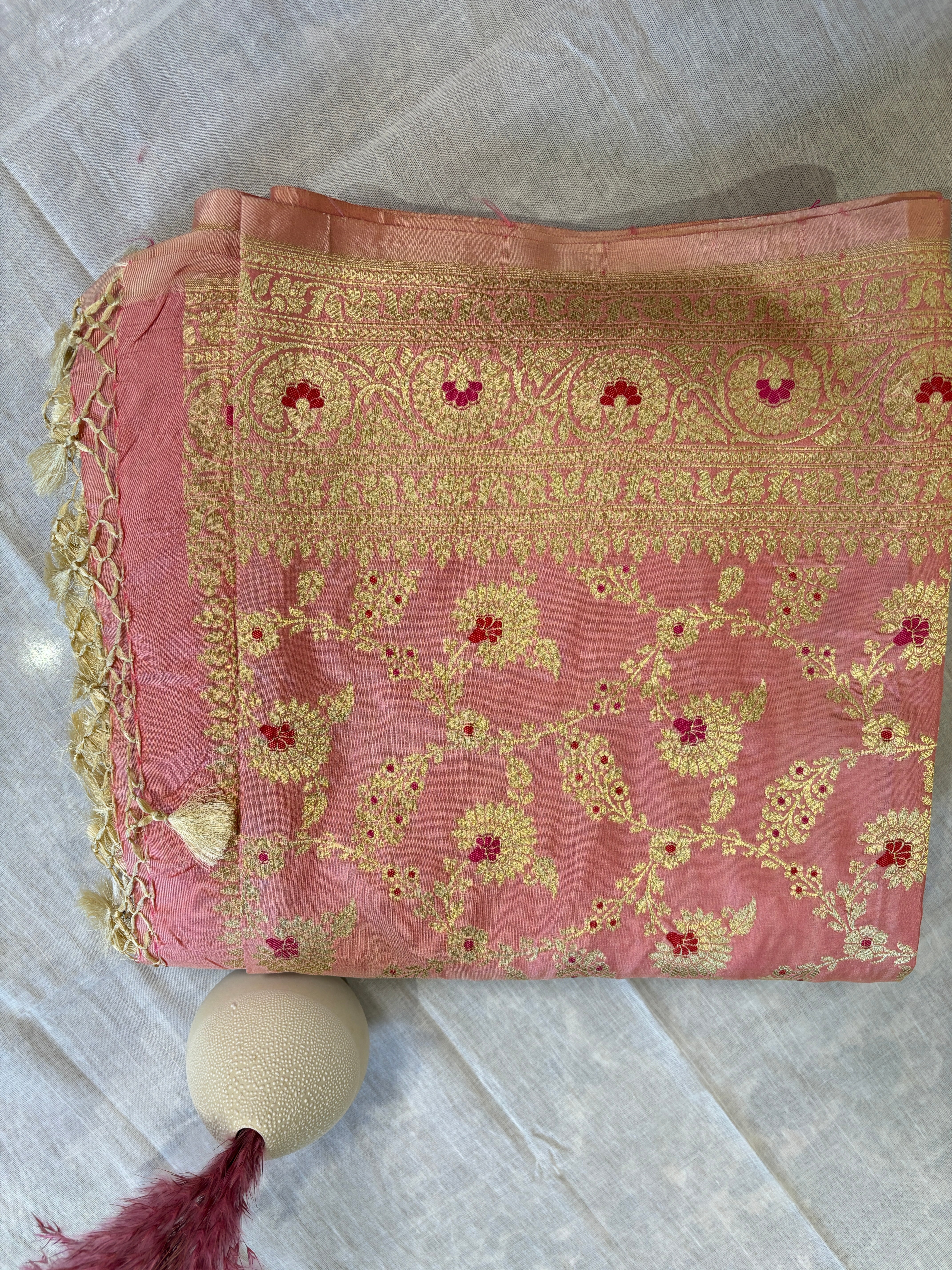 Pure Silk Banarasi Handwoven Baby Peach Pink Dupatta
