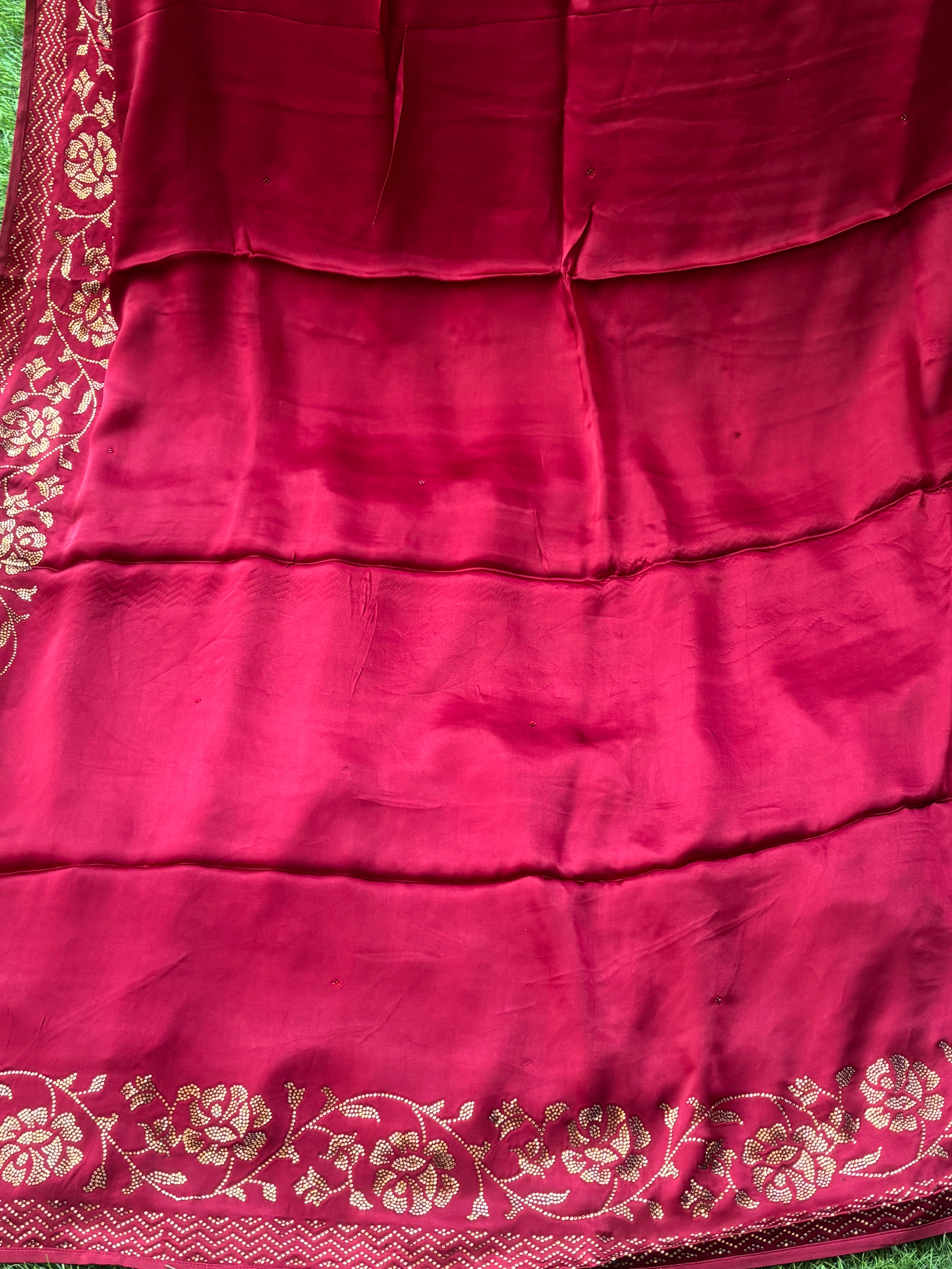 Dark Maroon Satin Silk Saree with Lotus Design | Elegant Festive Saree | Chandrika Lifestyles