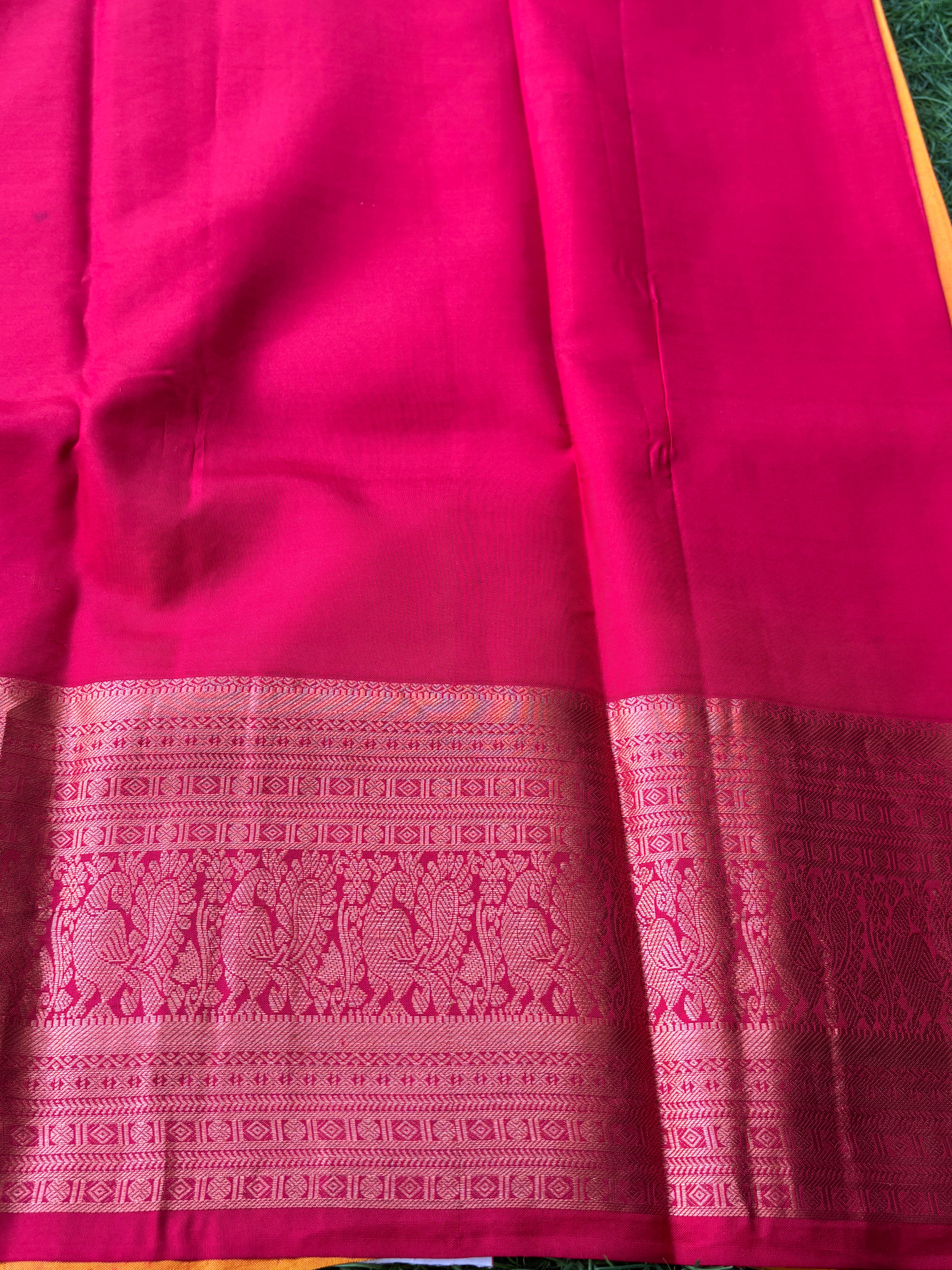 Mango & Orange Dual-Tone Kanjeevaram Pure Silk Saree with Broad Zari Woven Border