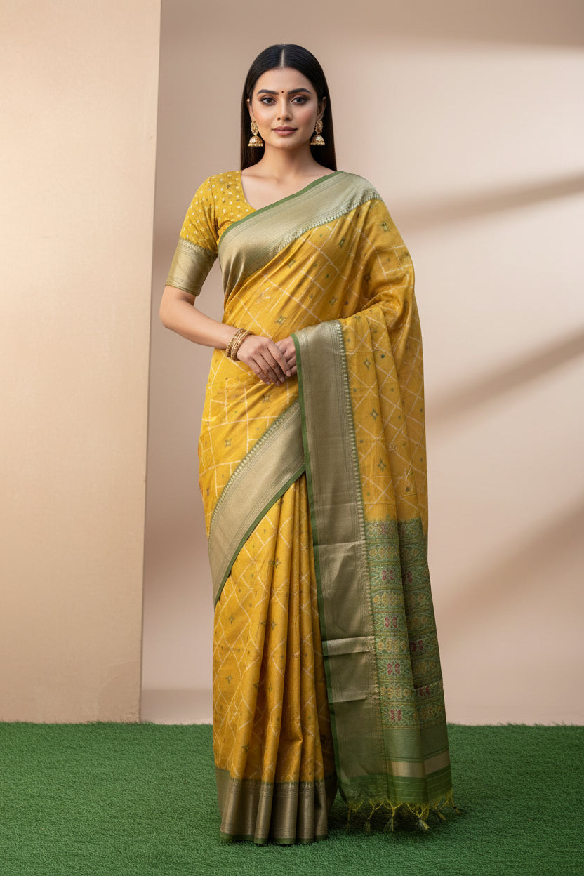 Yellow Mercerized Cotton Saree with Allover Ikat Print | Chandrika Lifestyles