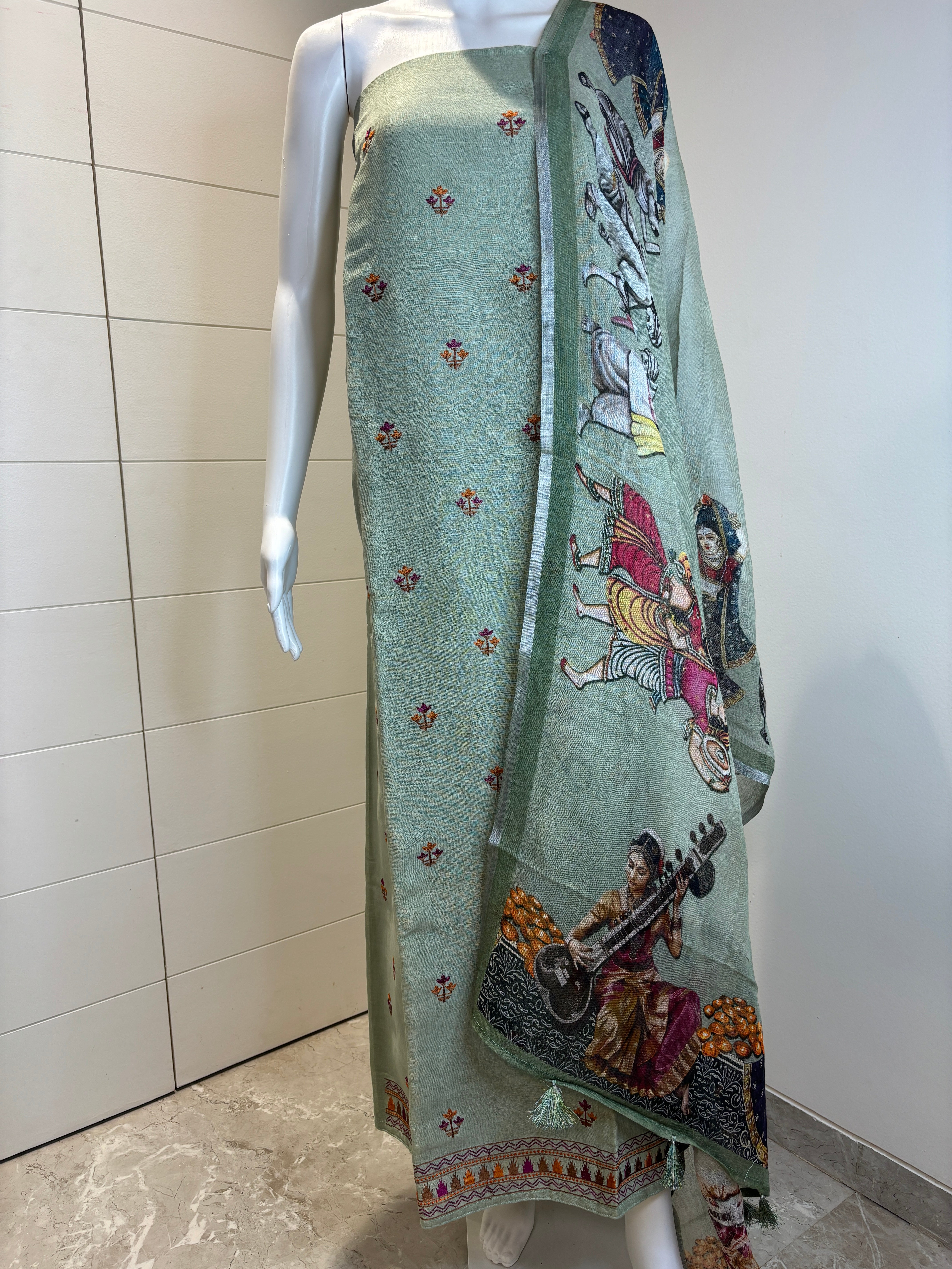Pure Linen Thread Embroidered Suit Material with Figure Digital Printed Dupatta – Mehendi Green / Pista Green