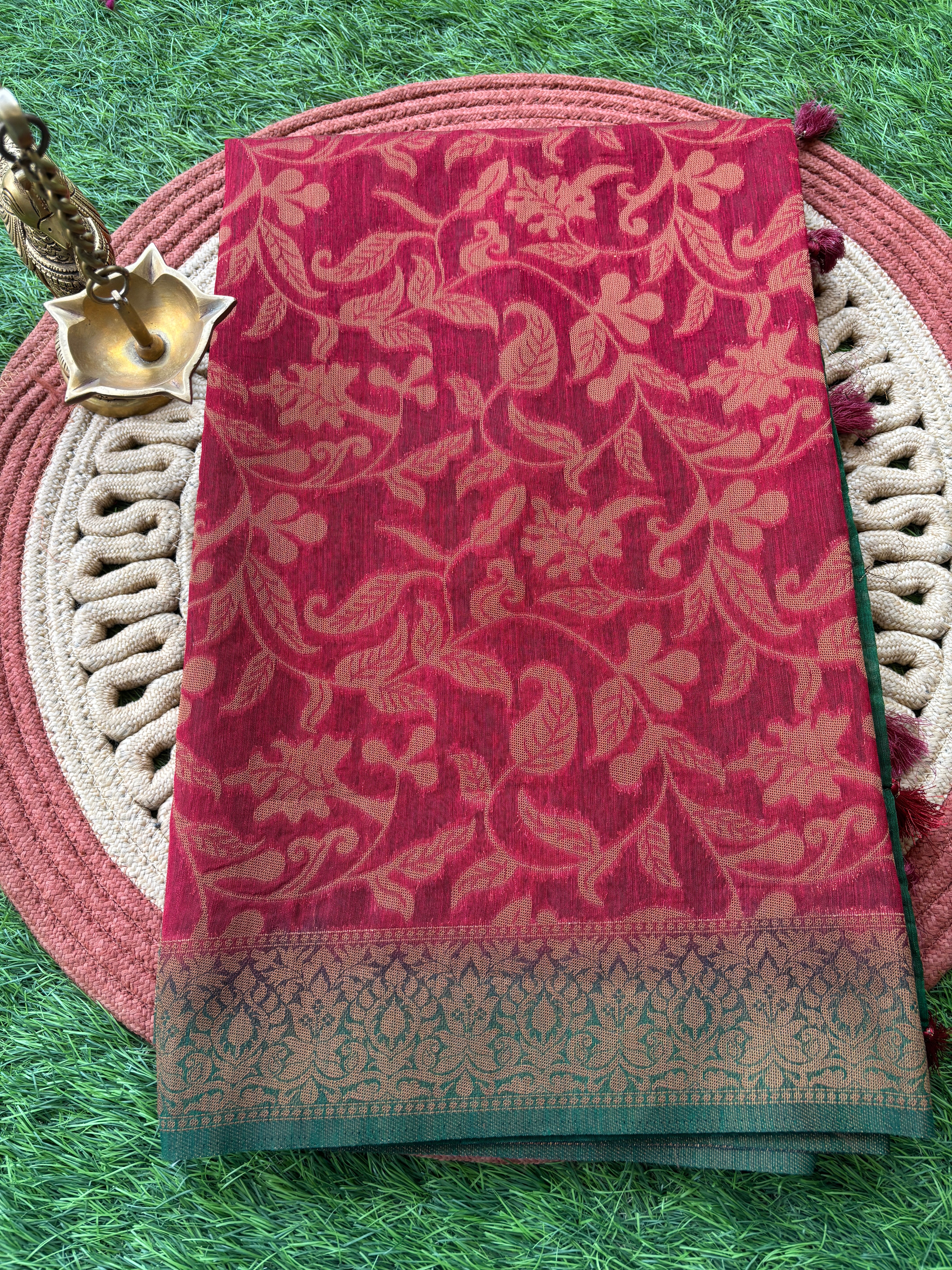 Red Banarasi Cotton Saree with Allover Weaving & Green Border | Chandrika Lifestyles