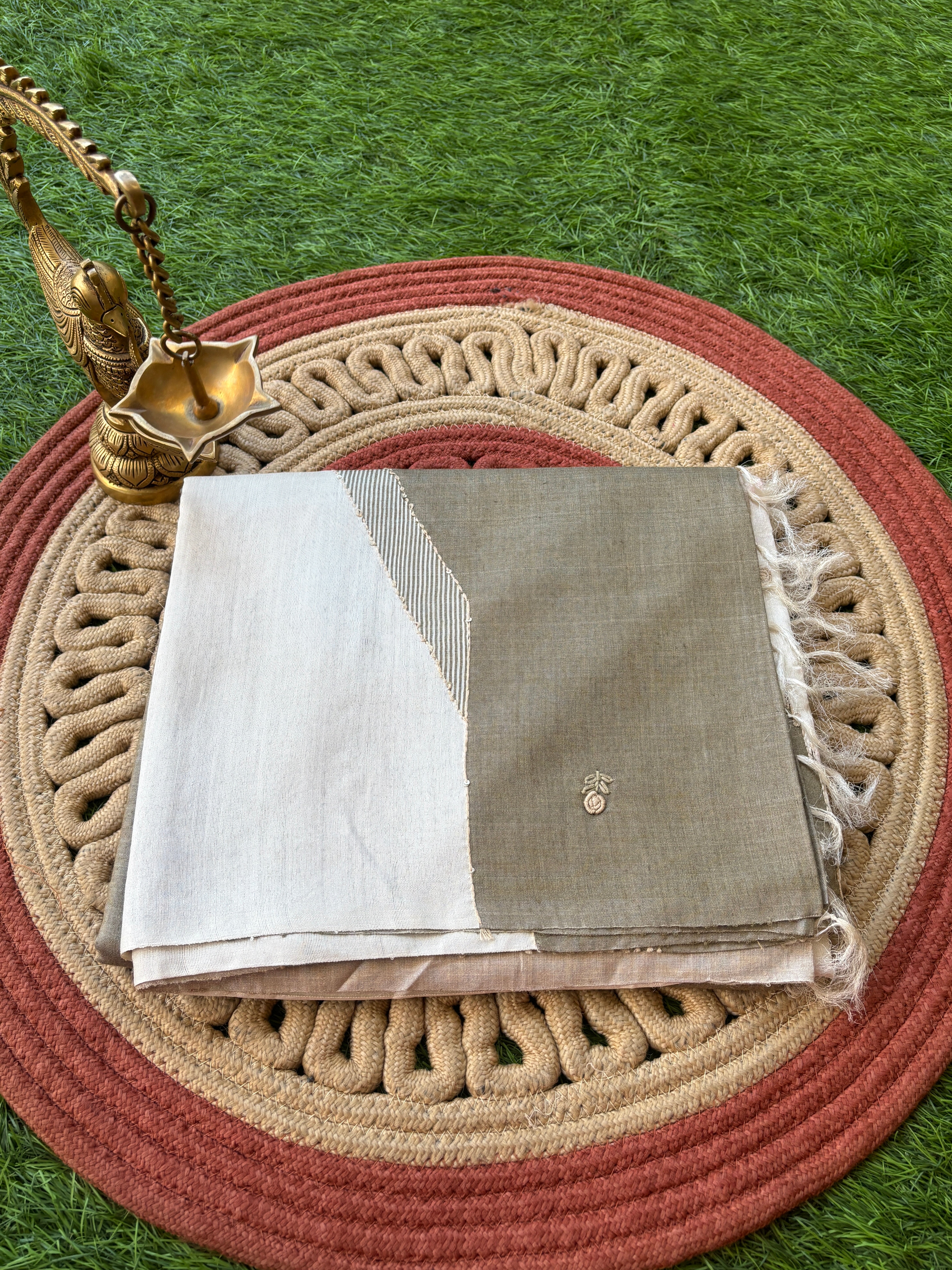 Beige & Brown Pure Tussar Silk Saree with Designer Hand Embroidery (Ghanta Taka) | Chandrika Lifestyles