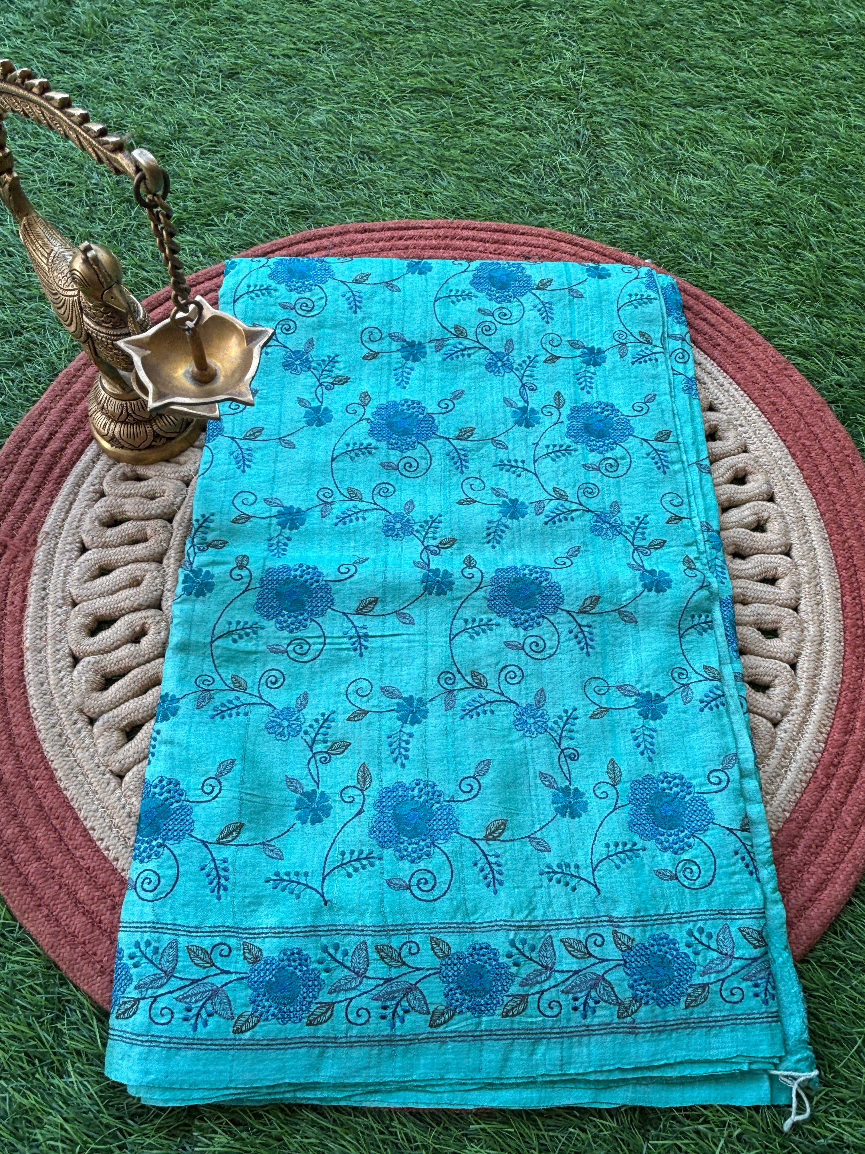 Pure Desi Tussar Silk Sea Blue Saree with All-Over Blue floral Thread Jaal Embroidery