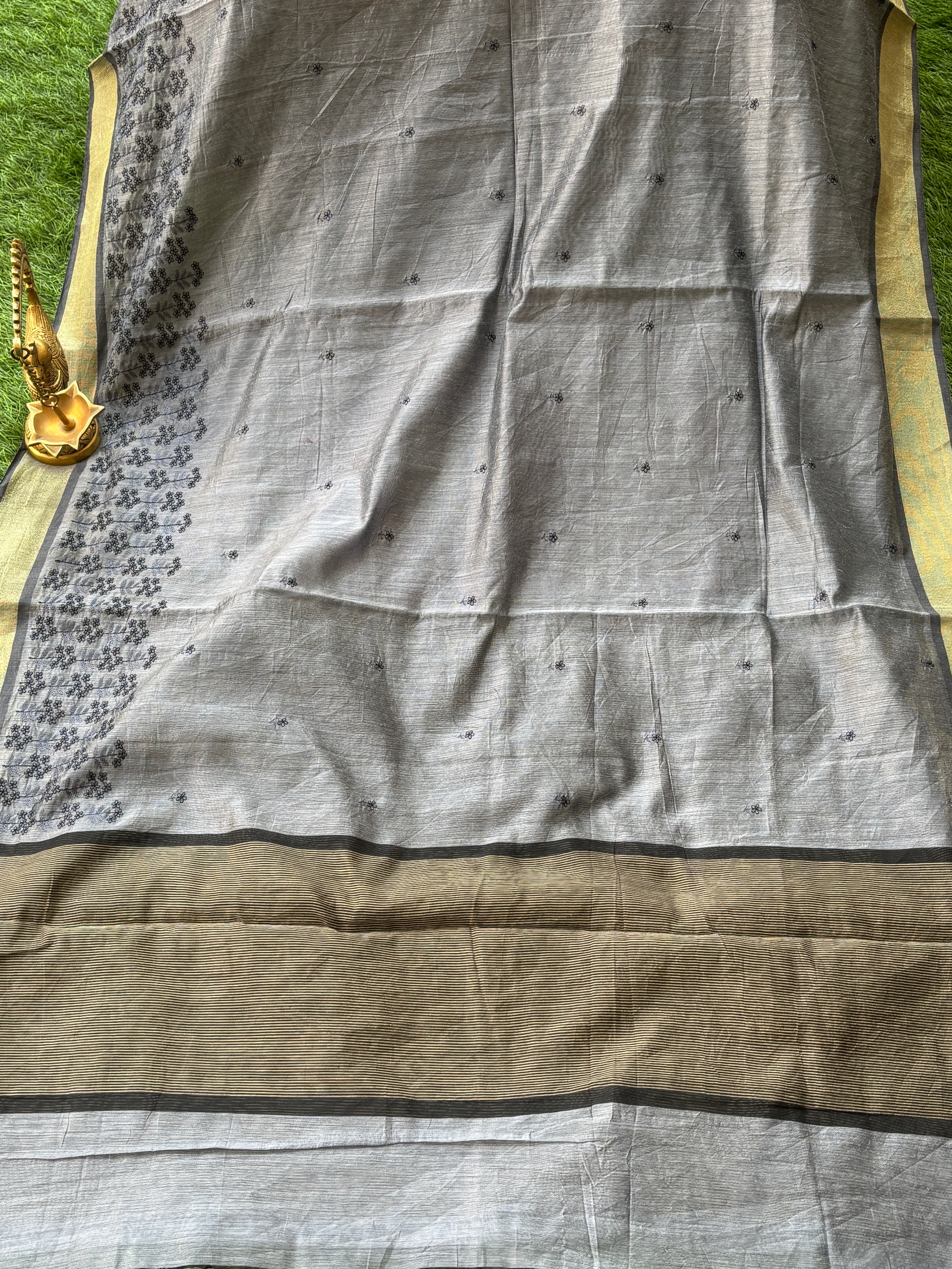 Grey Banarasi Mercerised Cotton Saree with Embroidered Border