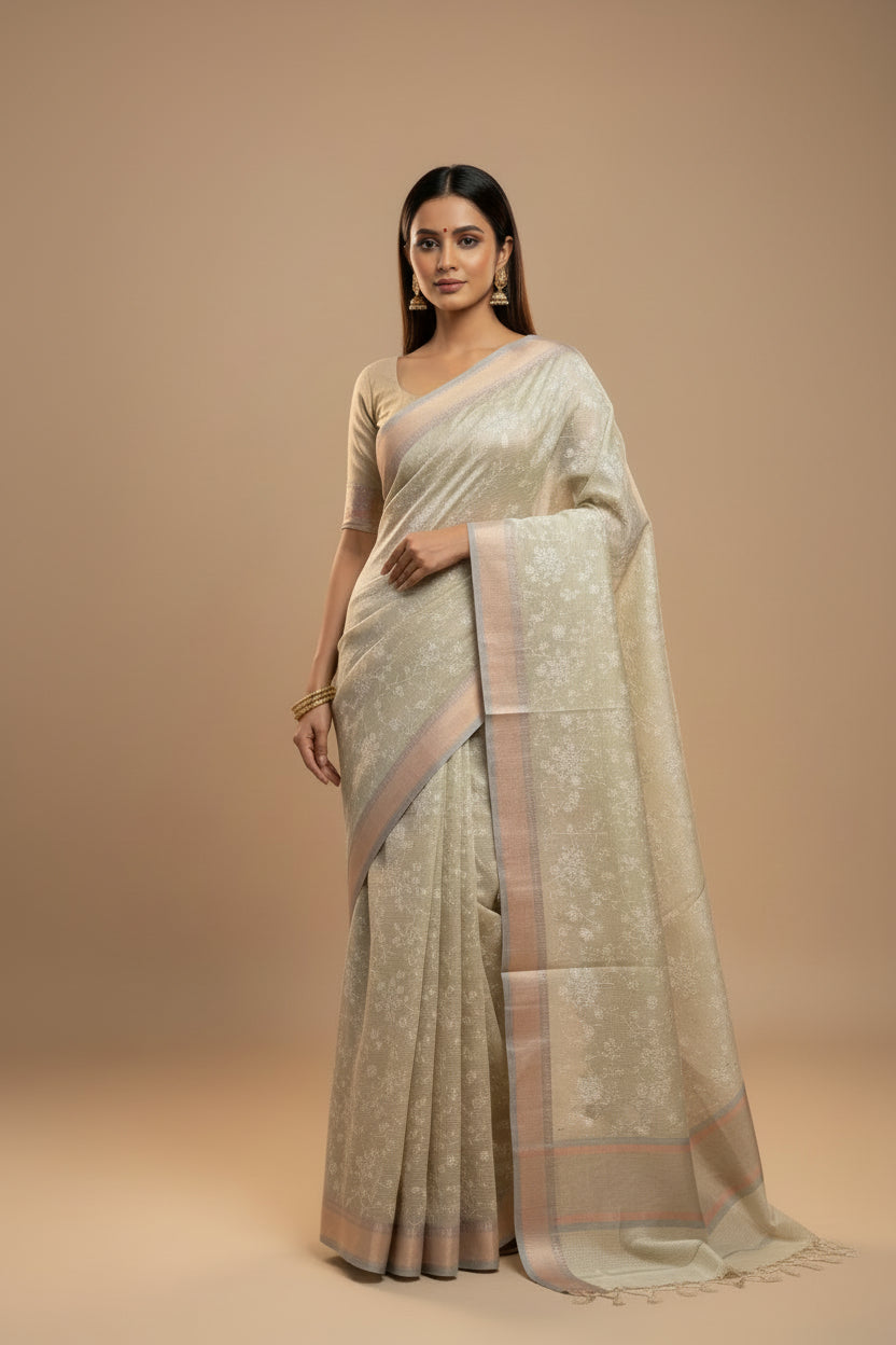 Pastel Pista Green Banarasi Mercerised Cotton Saree with Thread Embroidery & Resham Border