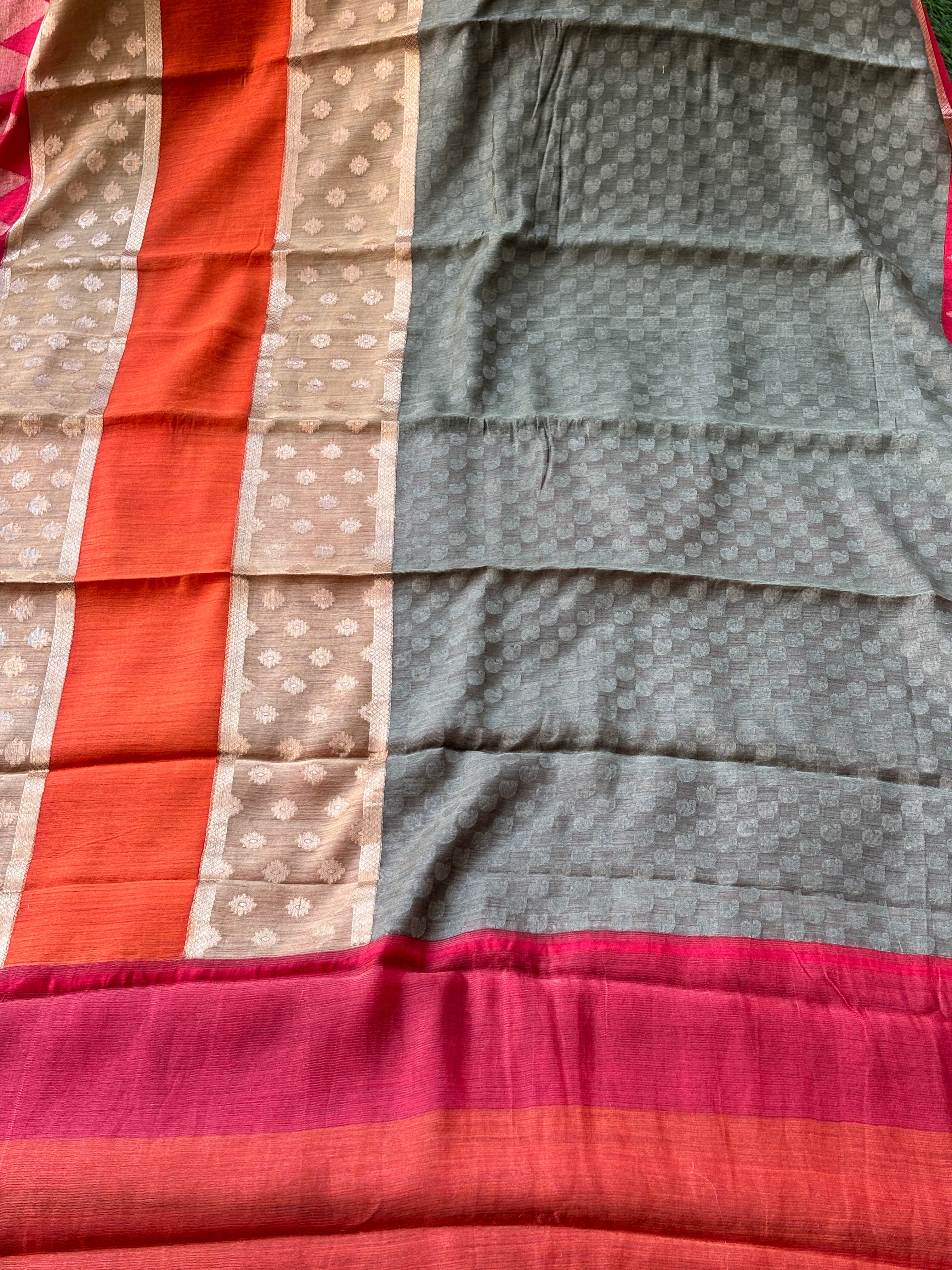 Grey Munga Silk Saree with Red Border & Multicolour Stripes | Chandrika Lifestyles