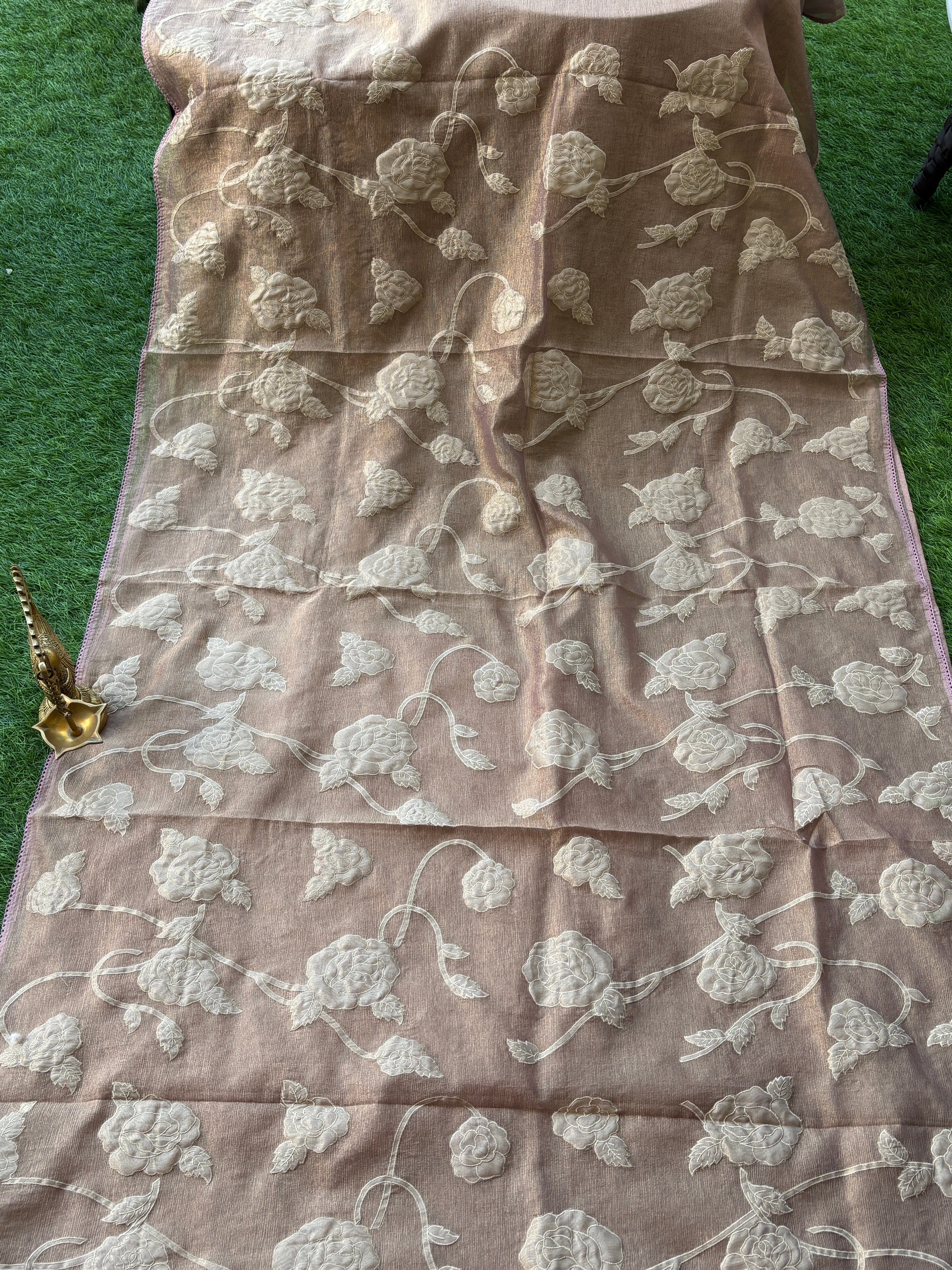 Metallic Onion Pink Tissue Saree with Allover Applique Work | Chandrika Lifestyles