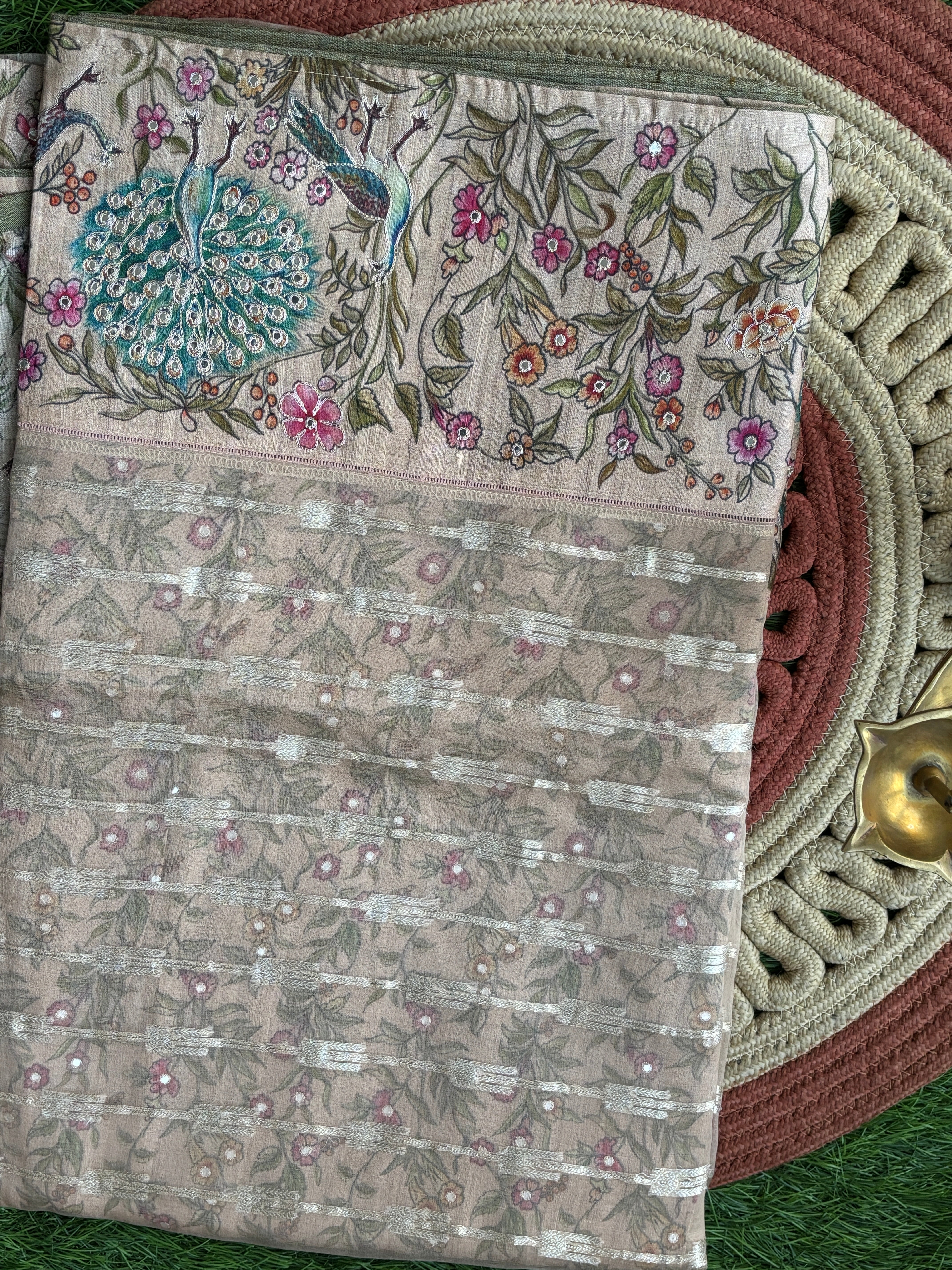 Beige Tissue Kora Saree with Figure Embroidery & Allover Zari Weaving | Chandrika Lifestyles