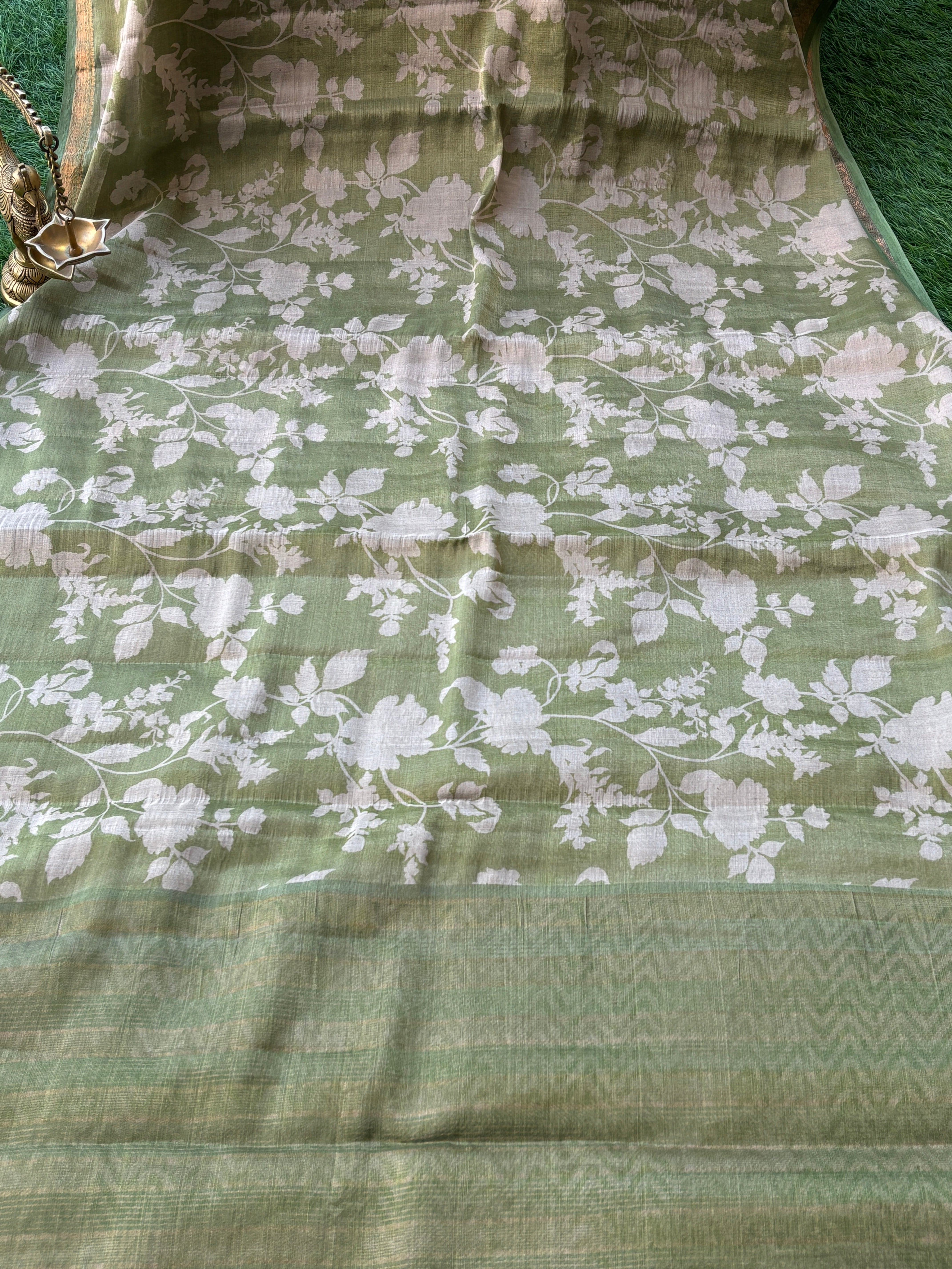 Olive Green Art Silk Saree with Allover Digital Print | Chandrika Lifestyles