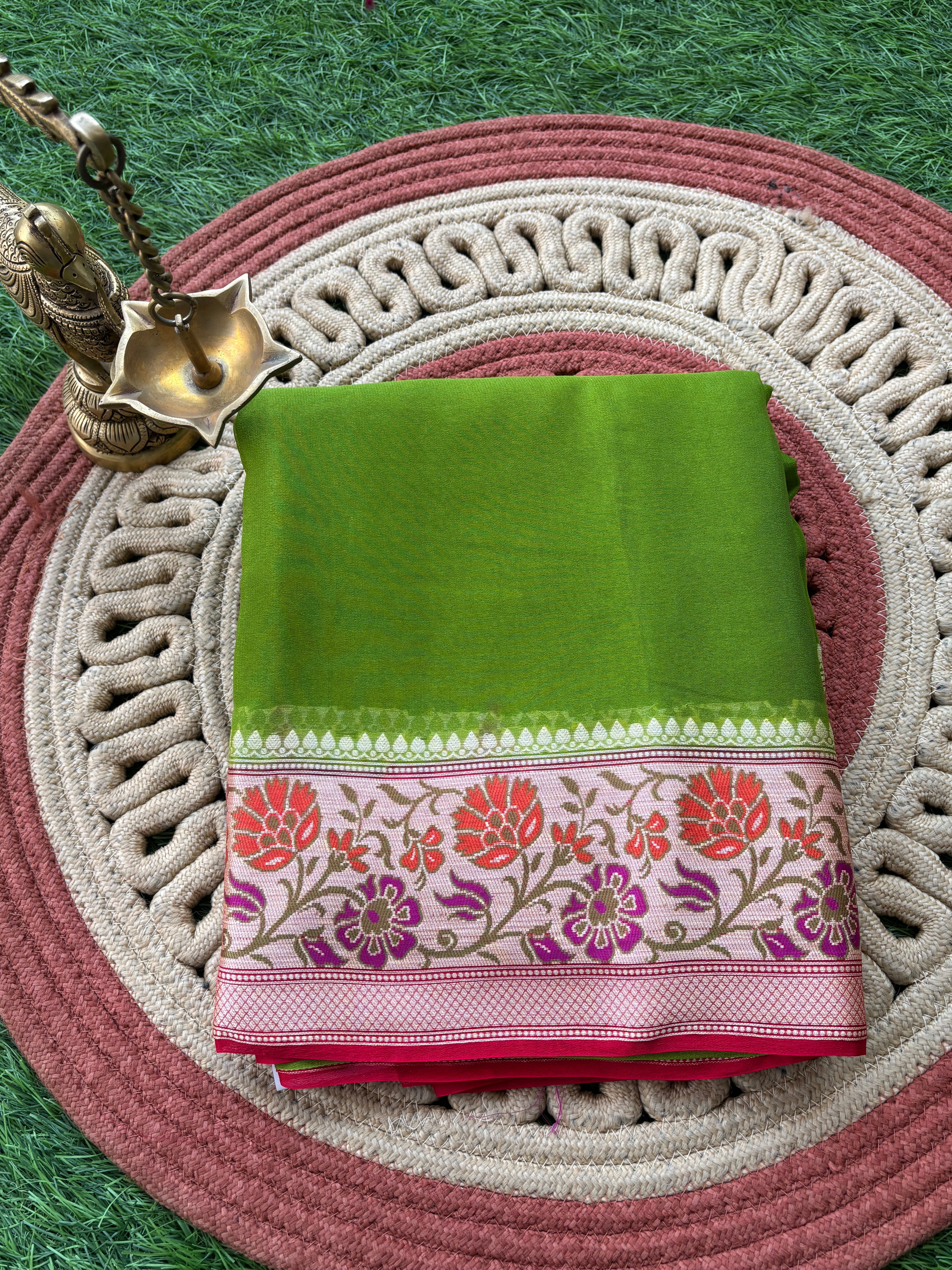 Green Khaddi Georgette Banarasi Saree with Paithani Weaving Border & Red Blouse | Chandrika Lifestyles